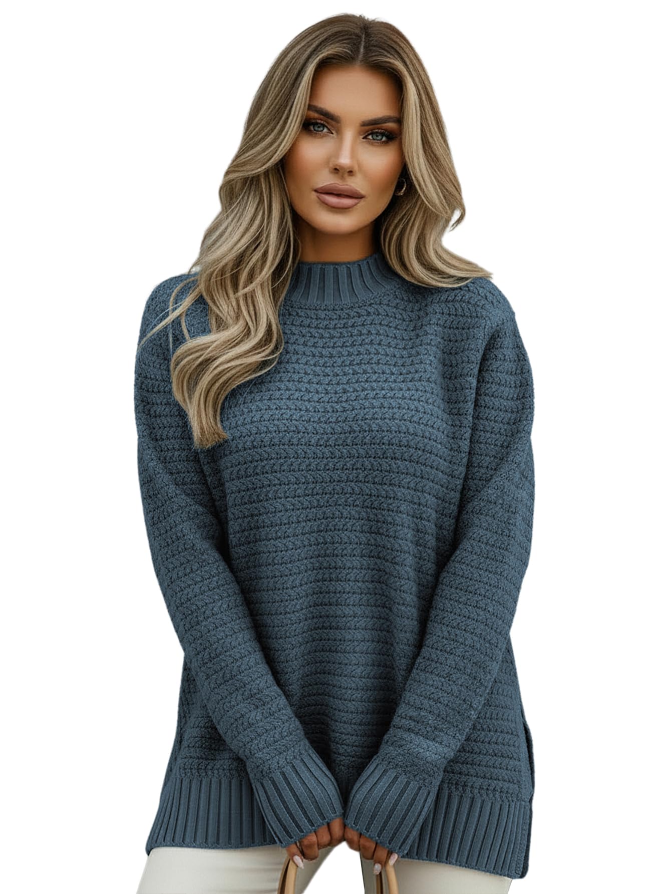 Verdusa Womens Plus Size Side Split Sweater Mock Neck Long Sleeve Chunky Knit Loose Pullovers