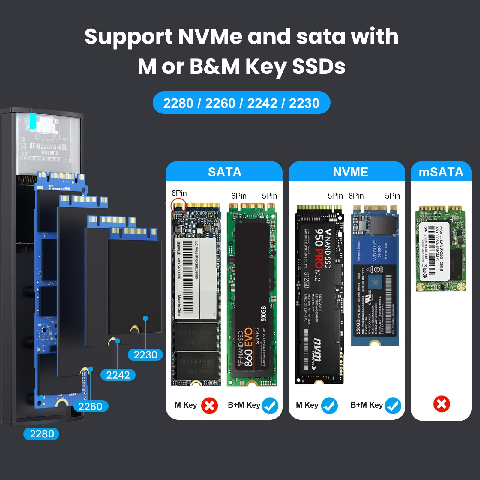 Aluminum M.2 NVME SATA SSD Enclosure Adapter, USB 3.2 Gen 2 (10