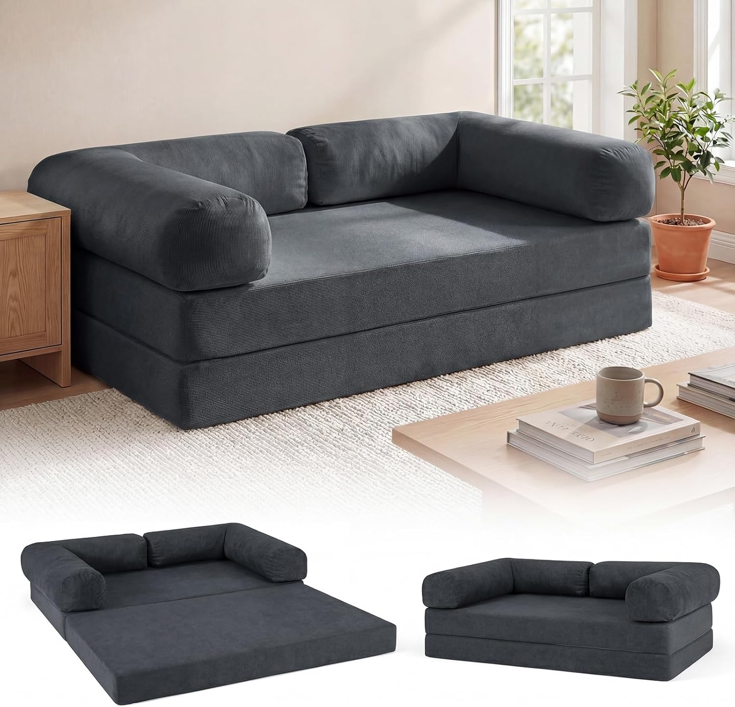 Giantex Folding Sofa Bed, 4-in-1 Convertible Futon Couch with Comfy Corduroy Cover & L-Shaped Removable Armrests, No Assembly Sponge Loveseat, Fold-Out Sleeper Bed for Living Room, Guest Room (Gray)