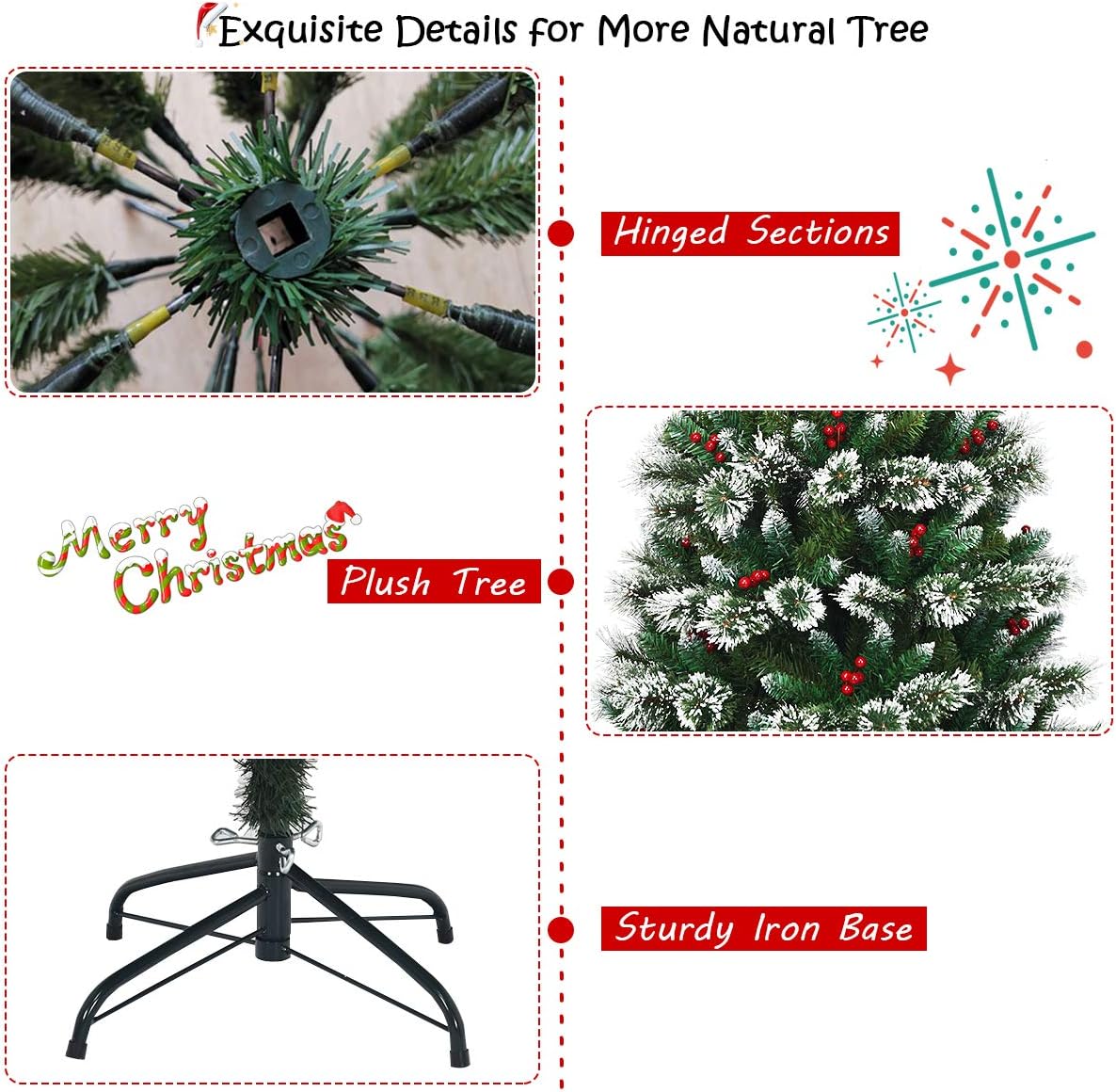 Goplus 5ft Snow Flocked Pencil Christmas Tree, Premium Hinged Slim Tree, with Mixed Pine Needles, Red Berries and Metal Base, 100% New PVC Material, for Xmas Indoor and Outdoor Decor, Green