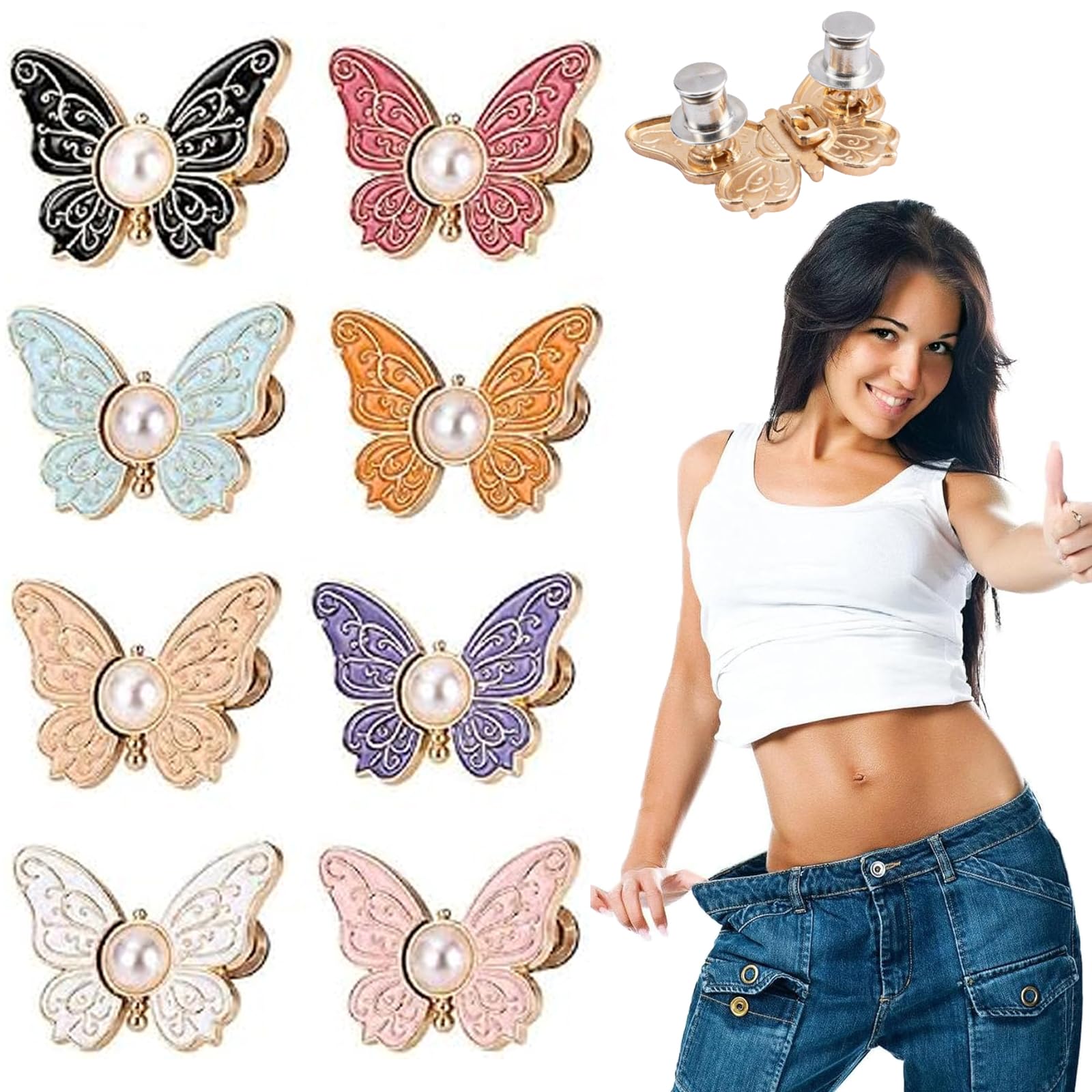 8PCS Pearl Butterfly Waist Buckle for Pants, Butterfly Waist Clips Adjustable, Detachable No Sewing Waist Buckle, Colorfast ＆ Durable, Alloy Pants Waist Tighteners for Jeans Trousers Dresses (A)