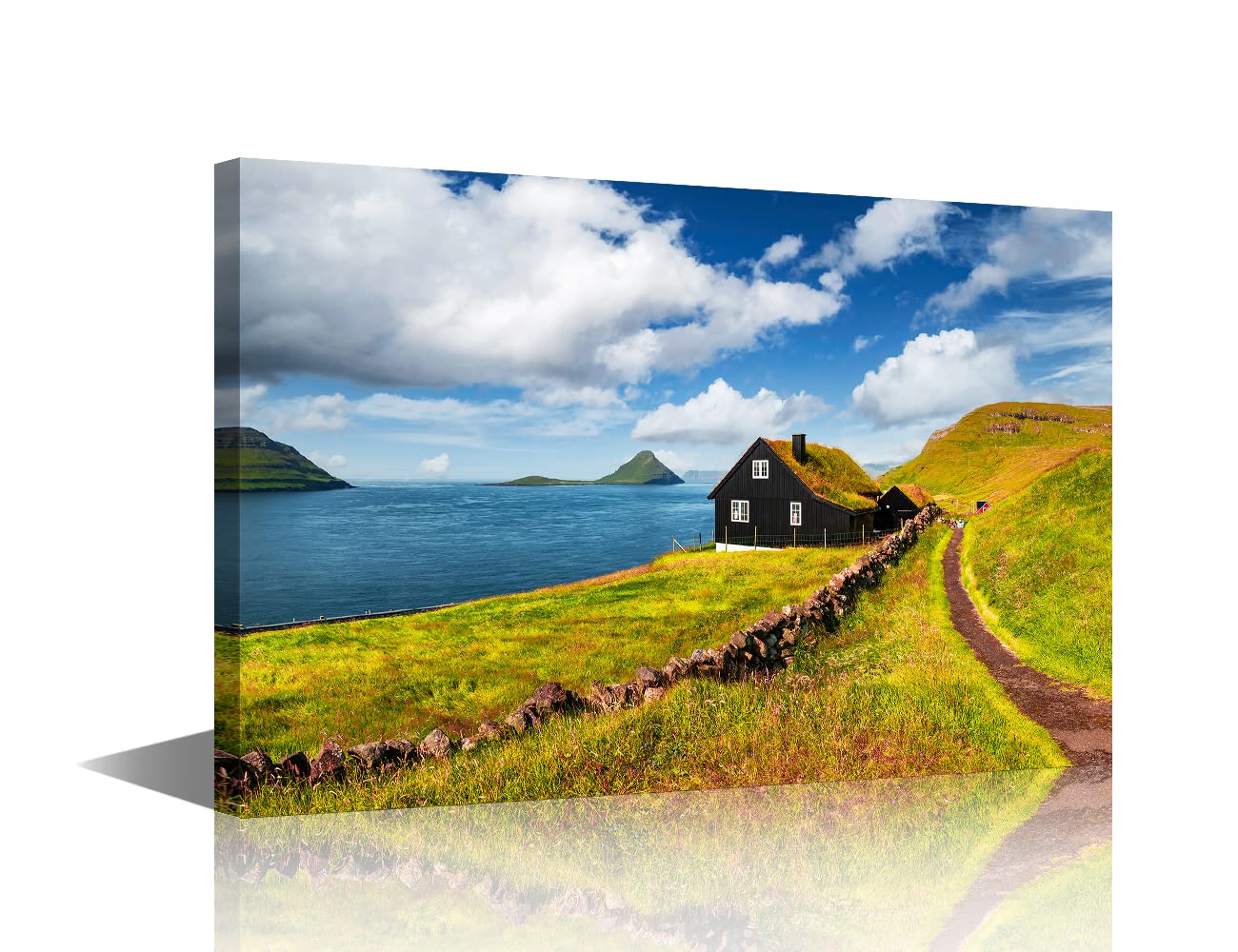Framed Wall Art Canvas Living Room Decor Streymoy Island Faroe Denmark Velbastadur Village Typical Grass Roof House Bedroom Bathroom Wall Décor Scenery Decor 8x12inch