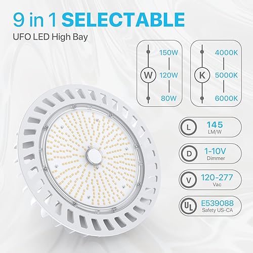 Miniatura 2 de HYPERLITE Luces LED de alta bahía 150 W 21,000 lm (140 lmw) 5000 K CRI80 1-10 V regulable UL listado gancho colgante seguro cable de 5 pies con