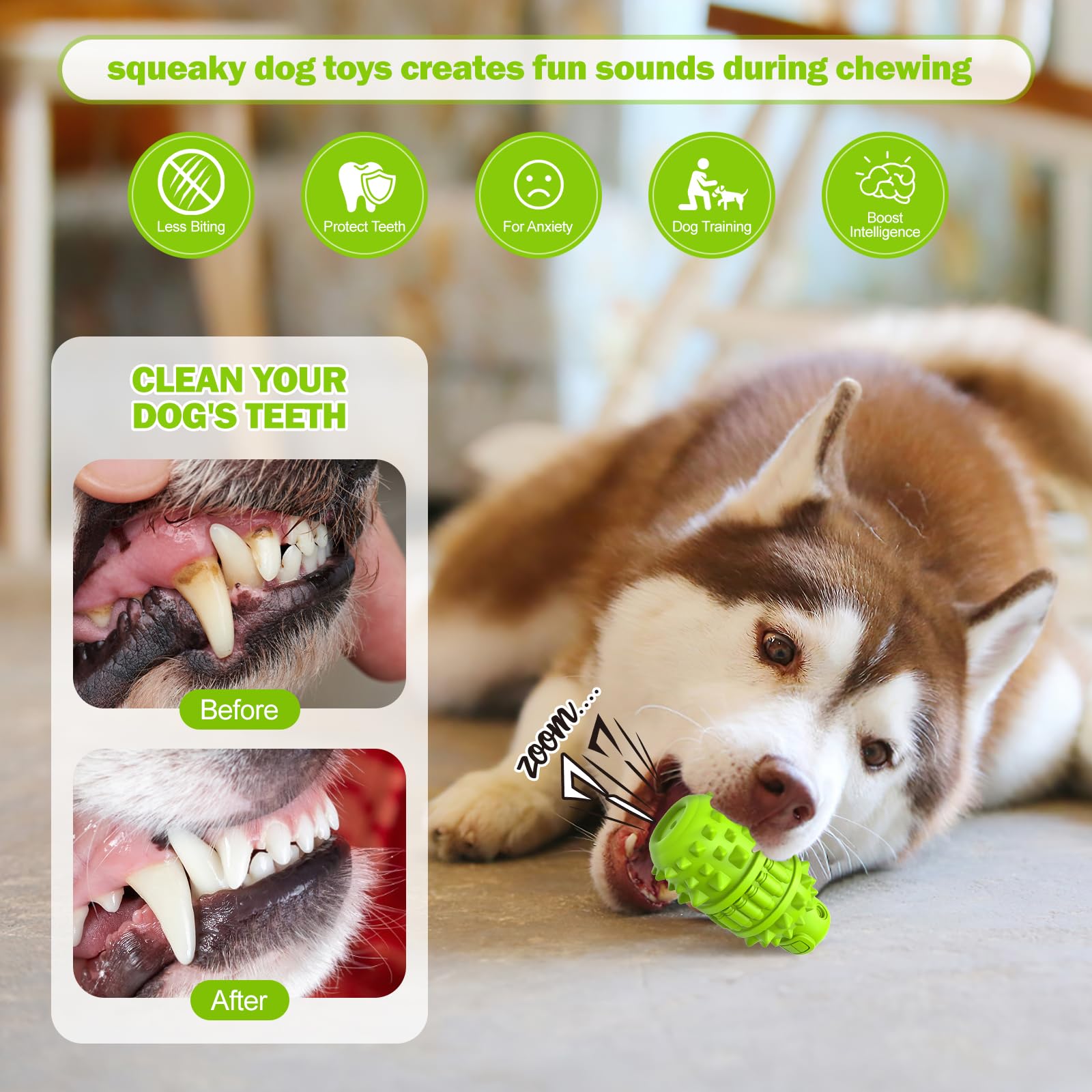 PIFFZEDO Juguete de goma natural para perros de raza grande y media, masticador agresivo, juguetes masticables súper poderosos, juguete chirriante de cumpleaños, cepillo de dientes para perros,
