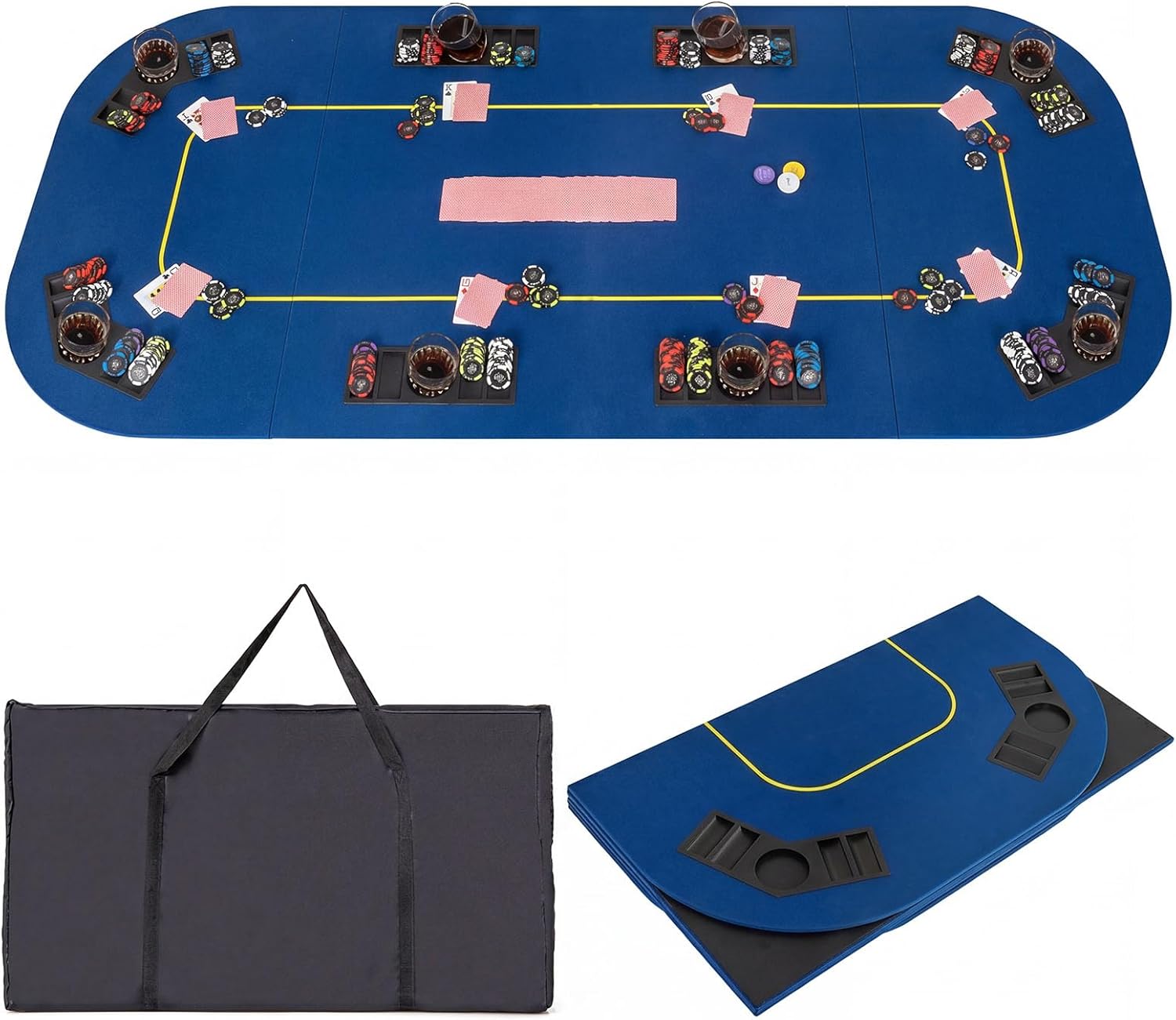 Giantex 79 x 36 Inch Poker Table Top, Foldable 8 Player Texas Holdem Poker Table Topper w/Carry Bag, Cup Holders, Chip Trays, Portable Anti-Slip Blackjack Card Board Poker Mat Layout for Casino