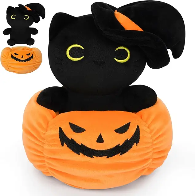 Peluche chat noir avec citrouille - Cadeau et décoration d'Halloween pour enfants