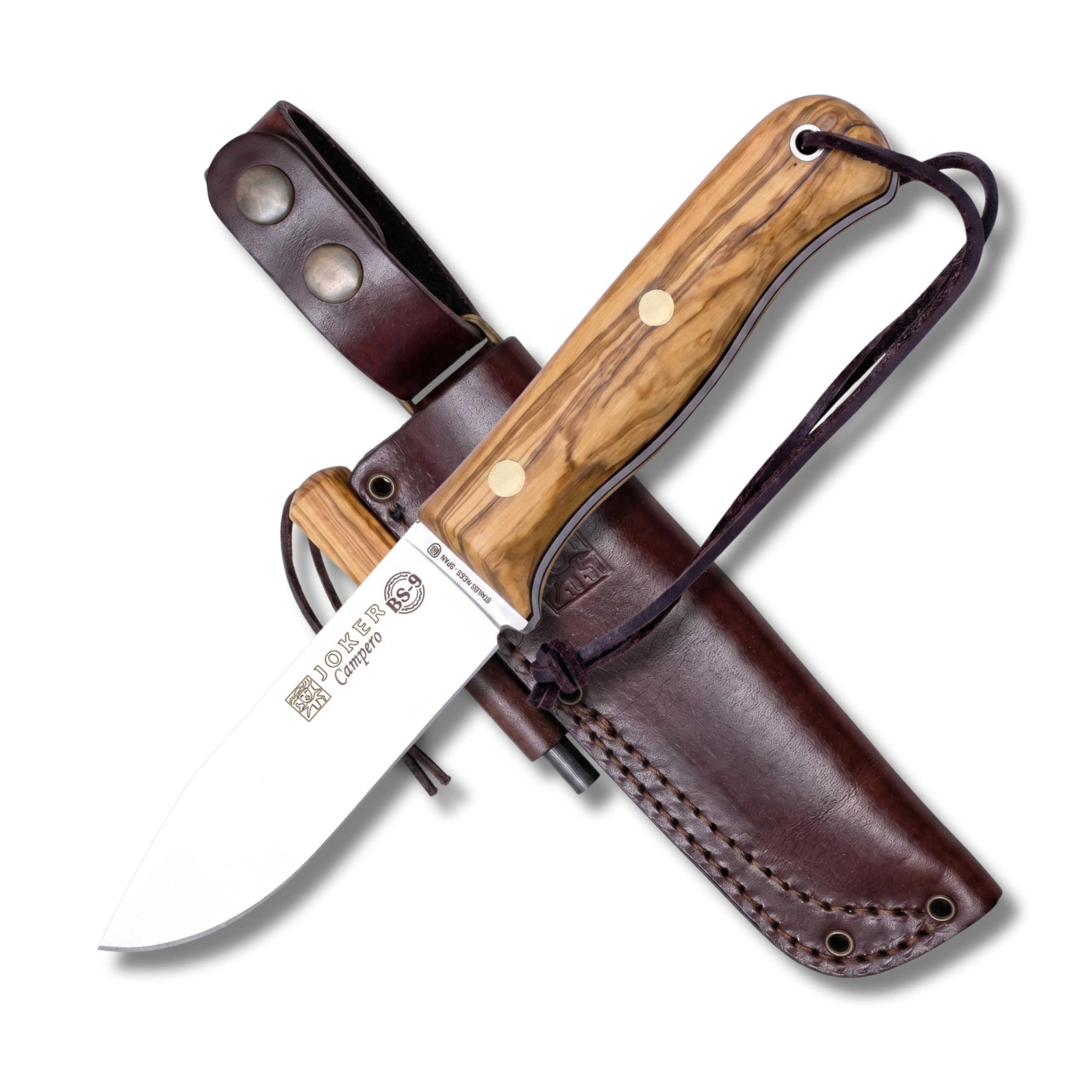 Joker Überlebensmesser BS9 Campero CO112-P, Griff aus Olivenholznholz, Klinge 10,5 cm aus SANDVIK 14C28N, inkl. Lederscheide mit Feuerstahl, Werkzeug zum Angeln, Jagen, Camping und Wandern