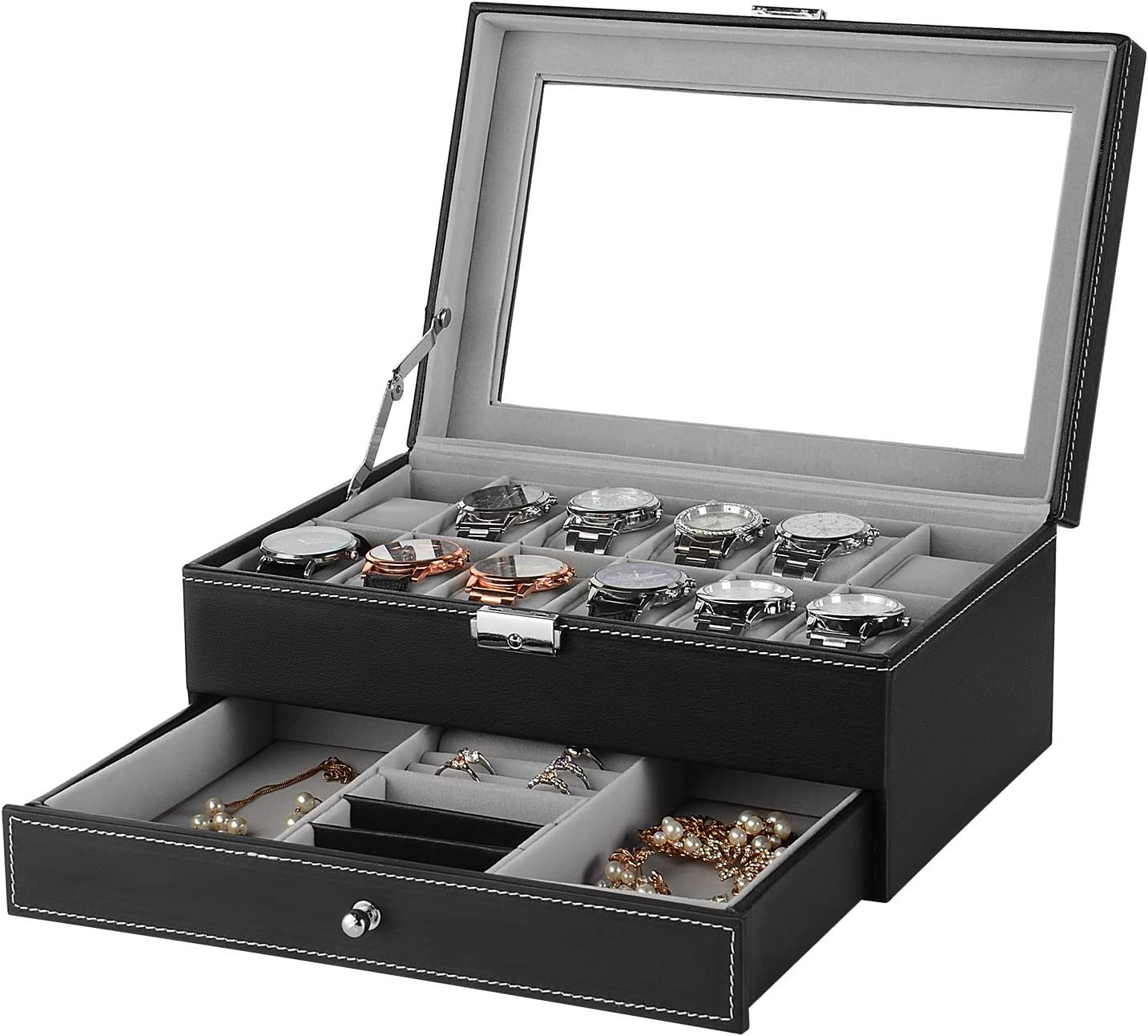 SortWise Leather 12 Mens Watch Box with Jewelry Display Drawer Glass Top Lockable Watch Case Organizer, Storage Pillows Removable, Double Deck / 2 Tiers (Black)
