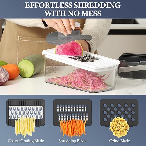 Miniatura 3 de Ourokhome Cortador de mandolina de verduras, trituradora de alimentos de cocina segura a mano con 6 cuchillas de mandolina, cortador de gofres