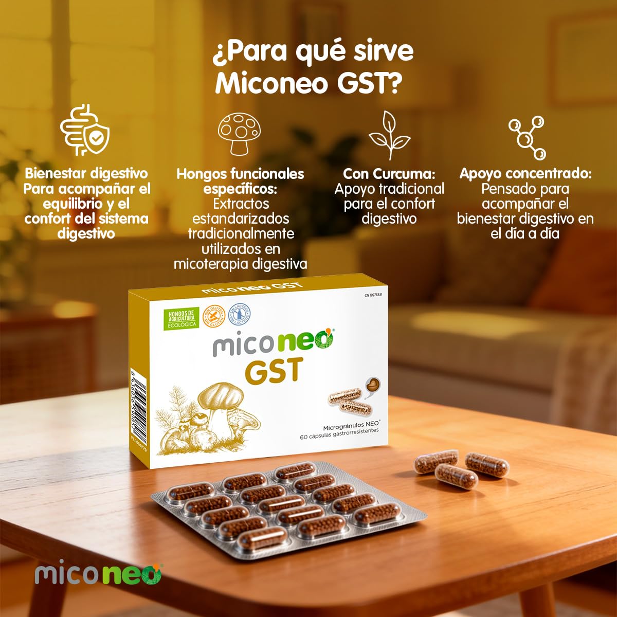 Mico NEO | GST | 60 Cápsulas | Con Reishi, Melena de León, Shiitake y Cúrcuma | Suplemento Elaborado con Hongos | Apoyo Digestivo Natural