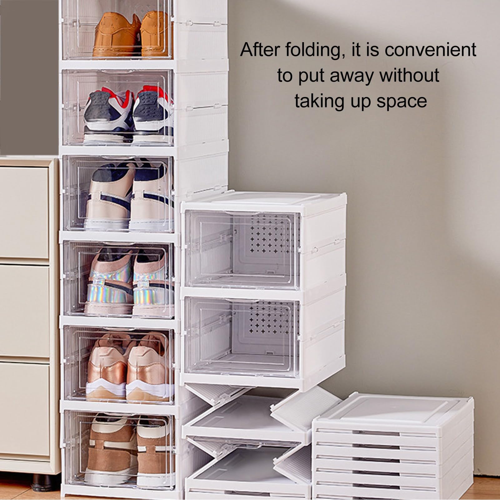 Caja de almacenamiento de zapatos plegable de plástico transparente, organizador de zapatos apilable para armario, ahorro de espacio, zapatero plegable, contenedor para zapatillas (6 capas)