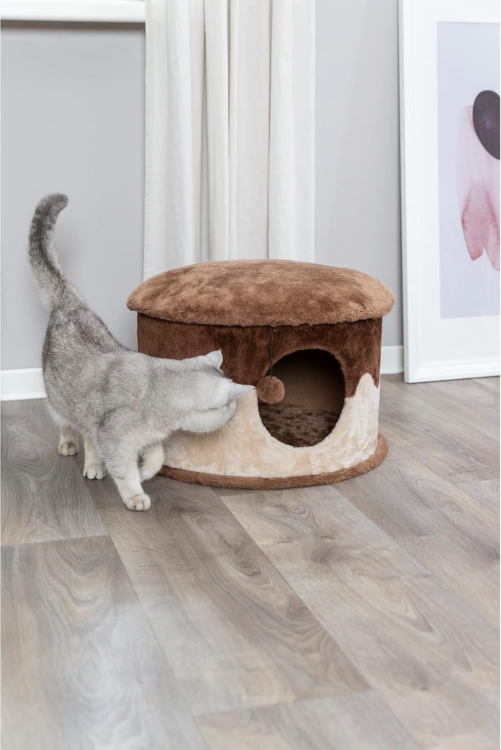 TRIXIE Cozy Cat Condo with Dangling Cat Toy,Brown,Small (20 x 13 in.)
