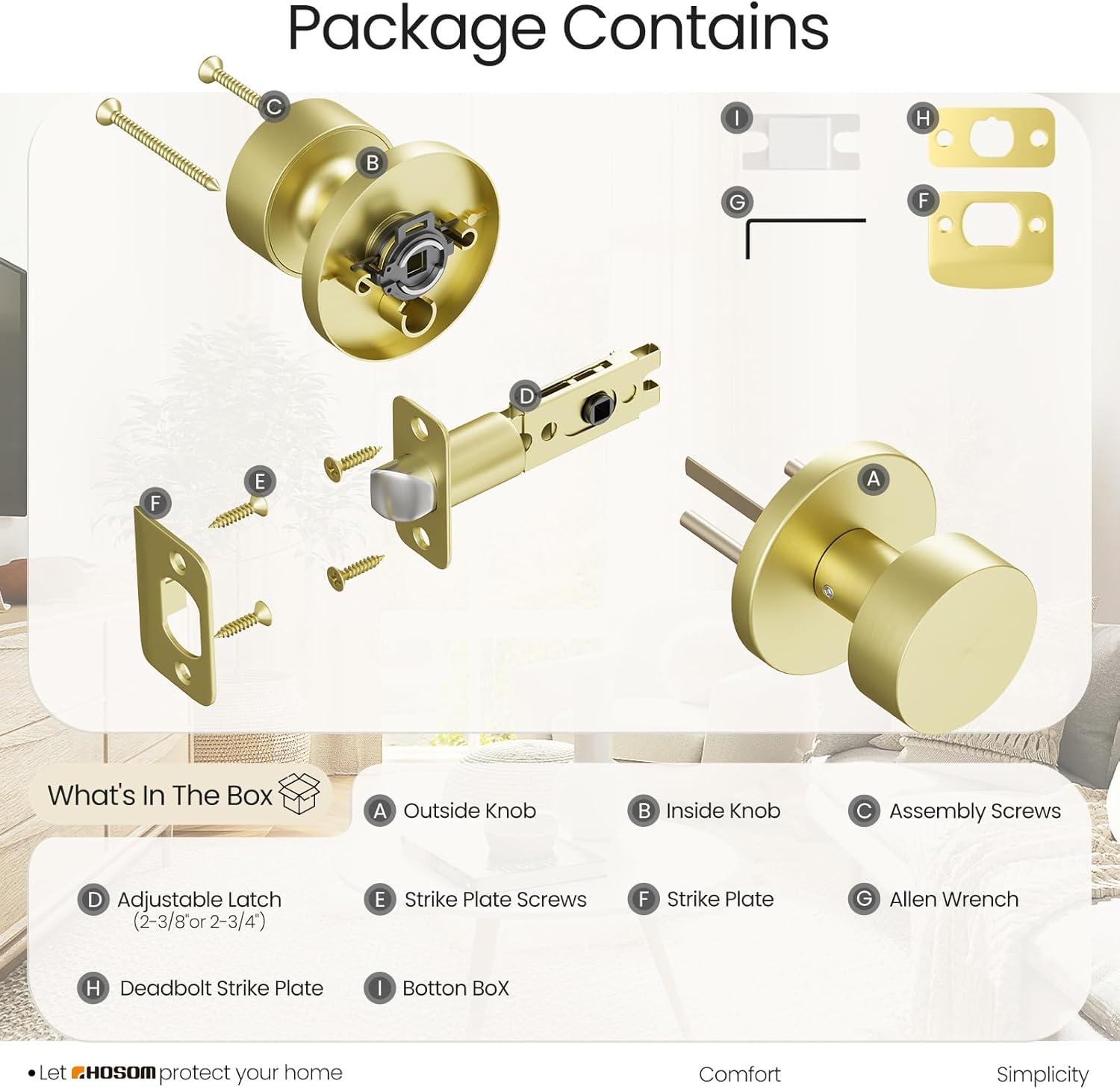 HOSOM Passage Door Knob Interior, Gold Door Knobs Keyless Doorknobs for Interior Doors, Hallway, Closet and More, No Locking Heavy Duty Modern Round Door Handle 1 Pack