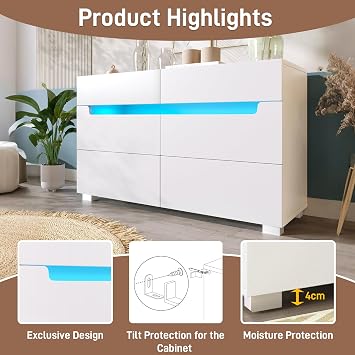 KUIKUI Sideboard with LED Lights, Living Room Cabinet with 6 Drawers and Cut Out Handles, Storage Cabinet, 120x40x71cm, White
