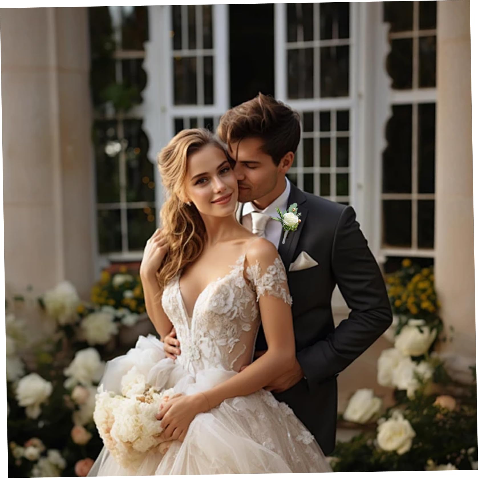 Yeory Boutonniere de Mariage en Rose, 2pcs boutonnière pour Hommes, Fleurs de Mariage marié mariée, boutonnières artificiels 3x5 Pouces pour