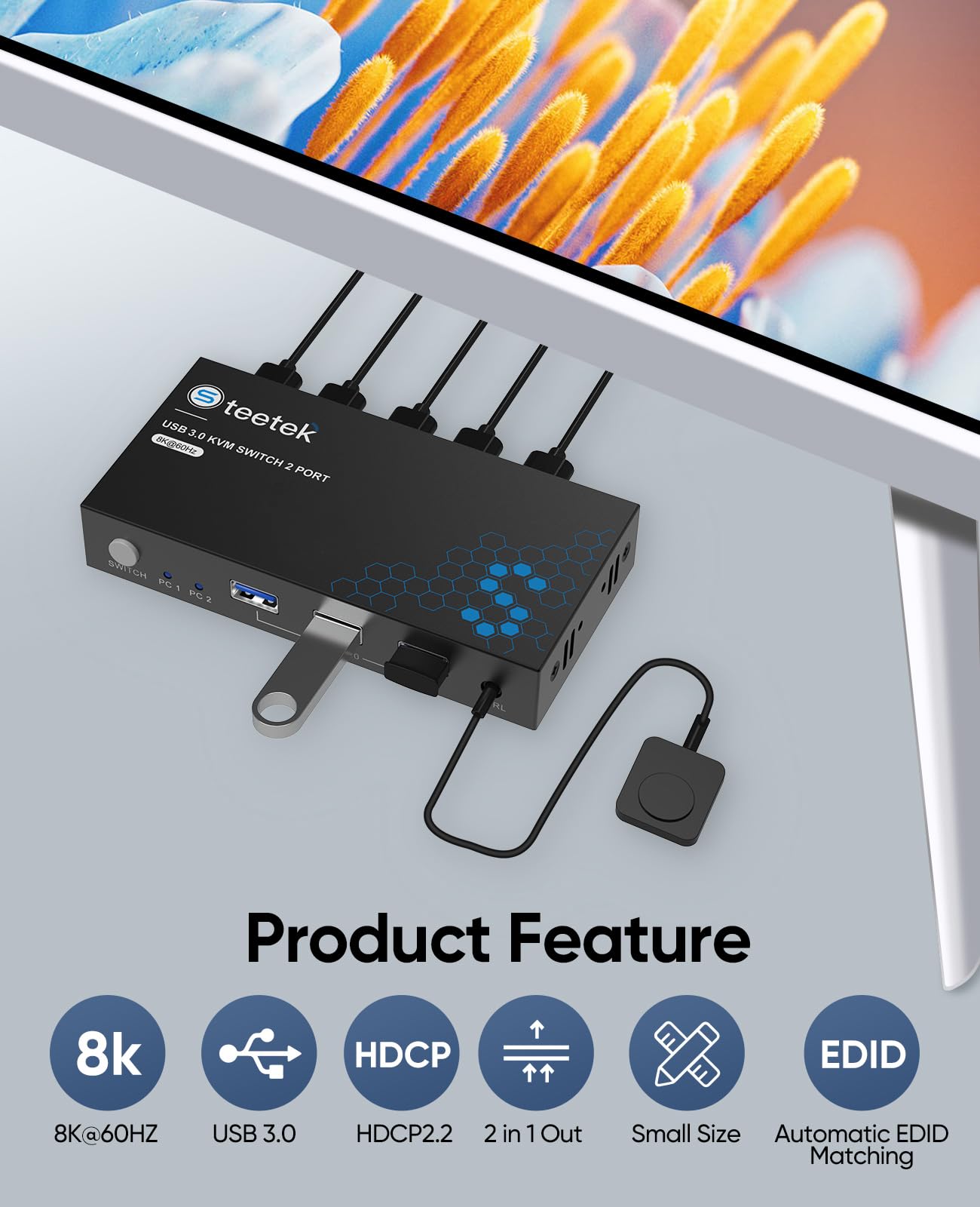 teetek USB3.0 HDMI KVMスイッチ 2ポート8K@60Hz対応 Amazon.com: Steetek 8K HDMI KVM Switch 1 Monitors 2