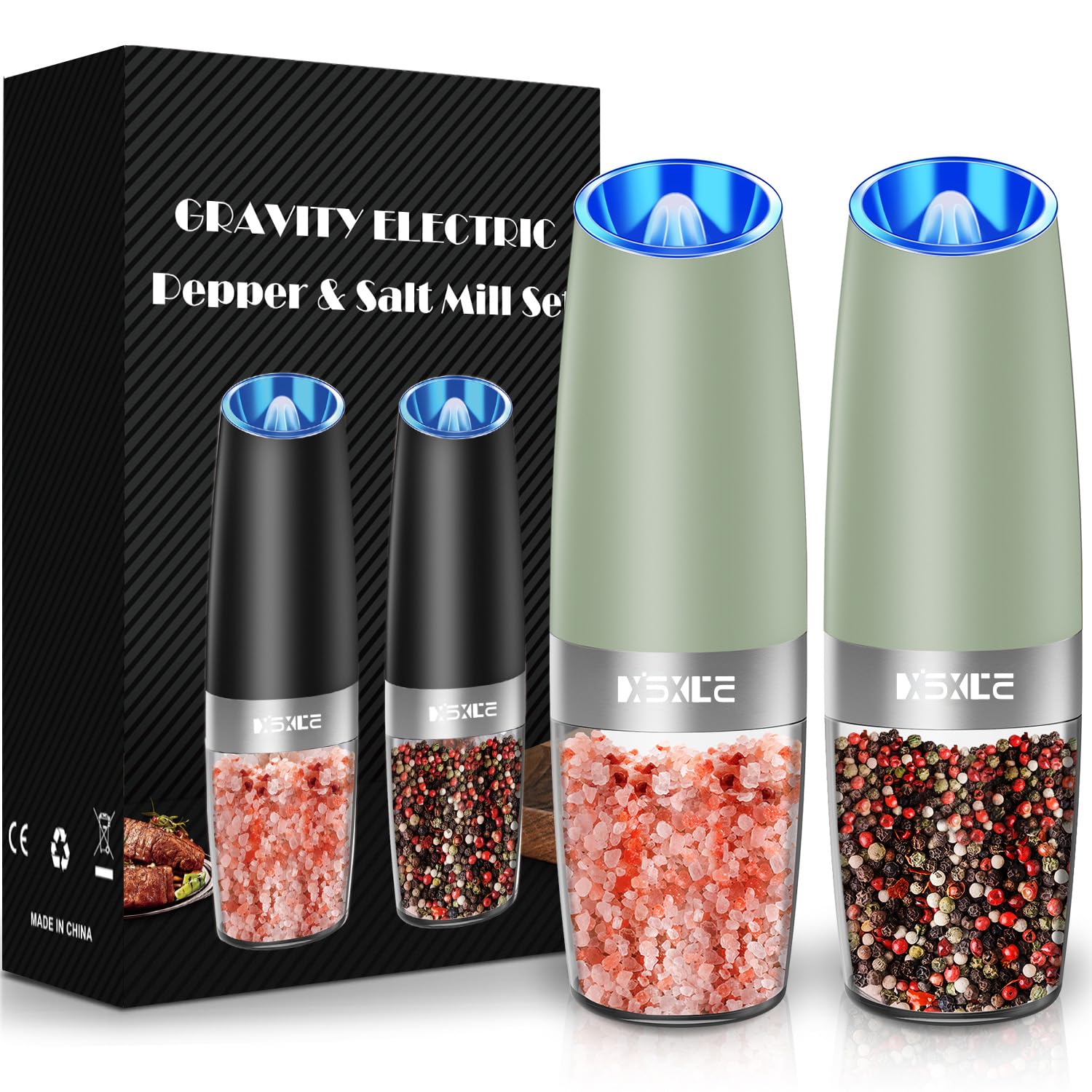 XinXu Gravity Electric Pepper and Salt Grinder Set, Adjustable Coarseness, with LED Light, One Hand Automatic Operation (Set/Light Green X)