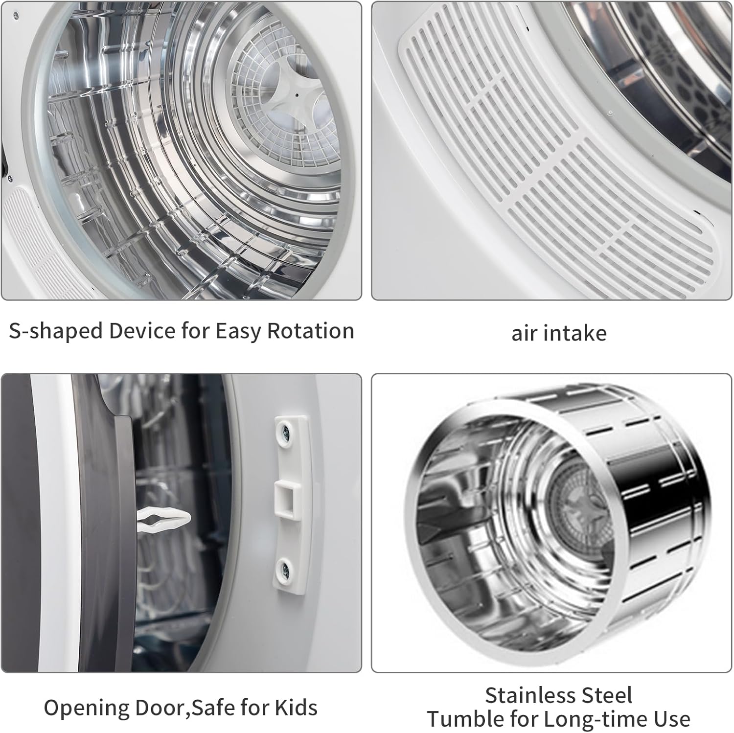 Detailed view of dryer components including air intake and stainless steel tumble