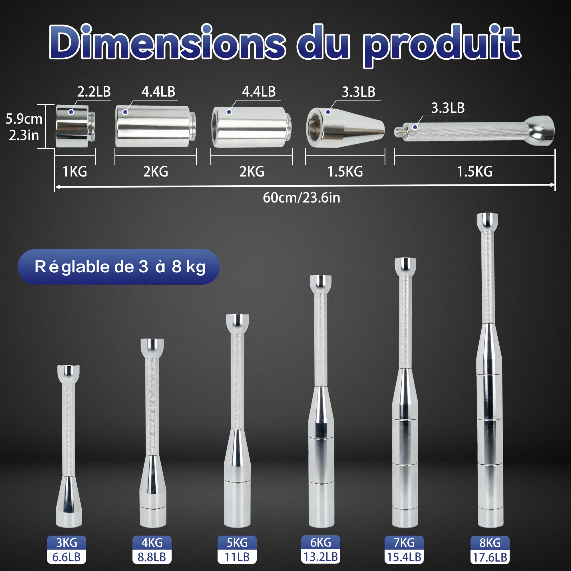 uyoyous 6 en 1 mancuernas ajustables, indian Clubbell 3-8 kg, mancuernas de acero para culturismo delantero brazo, hombros, entrenamiento funciona
