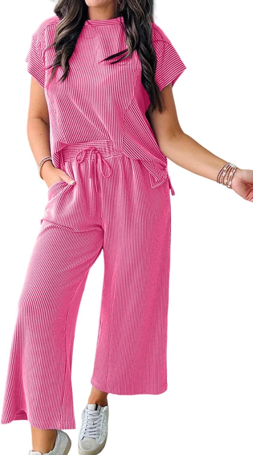 KevaMolly Womens Lounge Sets Solid Corded Knit Short Sleeve T Shirt and Wide Leg Pants Set