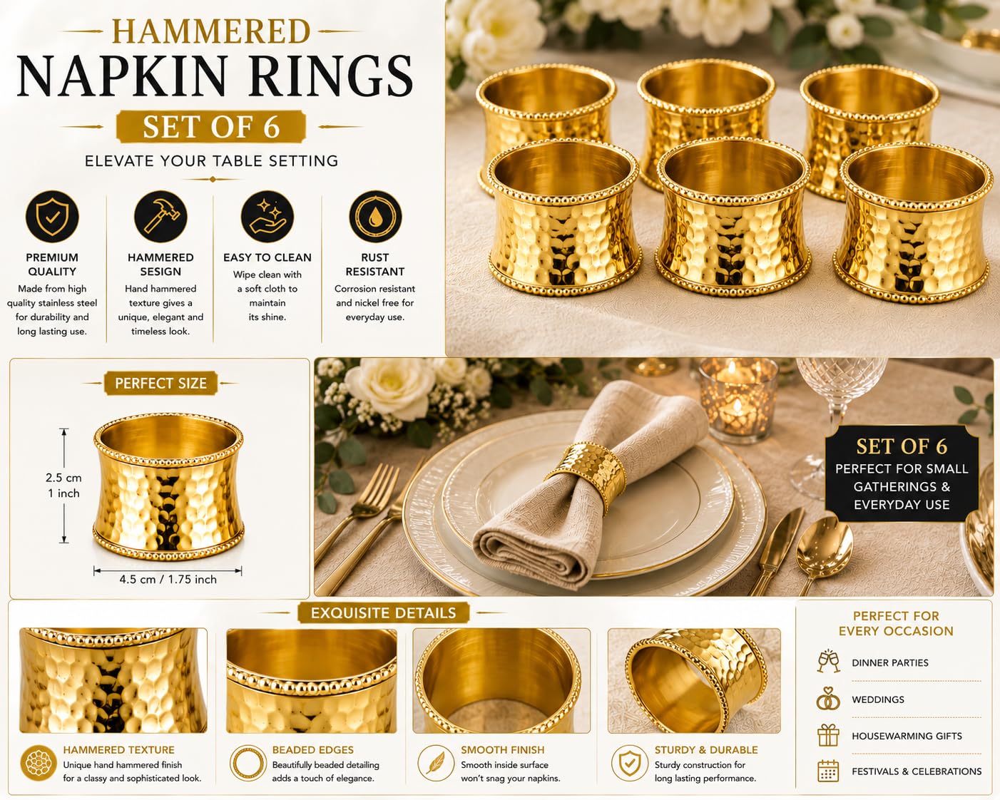 ITOS365 Set di 12 portatovaglioli decorativi in metallo martellato con perline, per tovaglioli, elegante decorazione da tavolo per matrimoni, Ringraziamento, Natale e cene