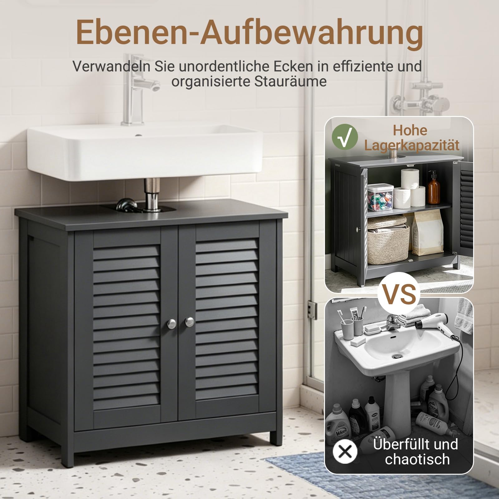 SoBuy Waschbeckenunterschrank, Badschrank mit verstellbaren Regalböden, Badmöbel aus MDF, Unterschrank für Badezimmer, Anti-Schimmel Lamellentür, Dunkelgrau, 60x58x35cm, FRG237-DG