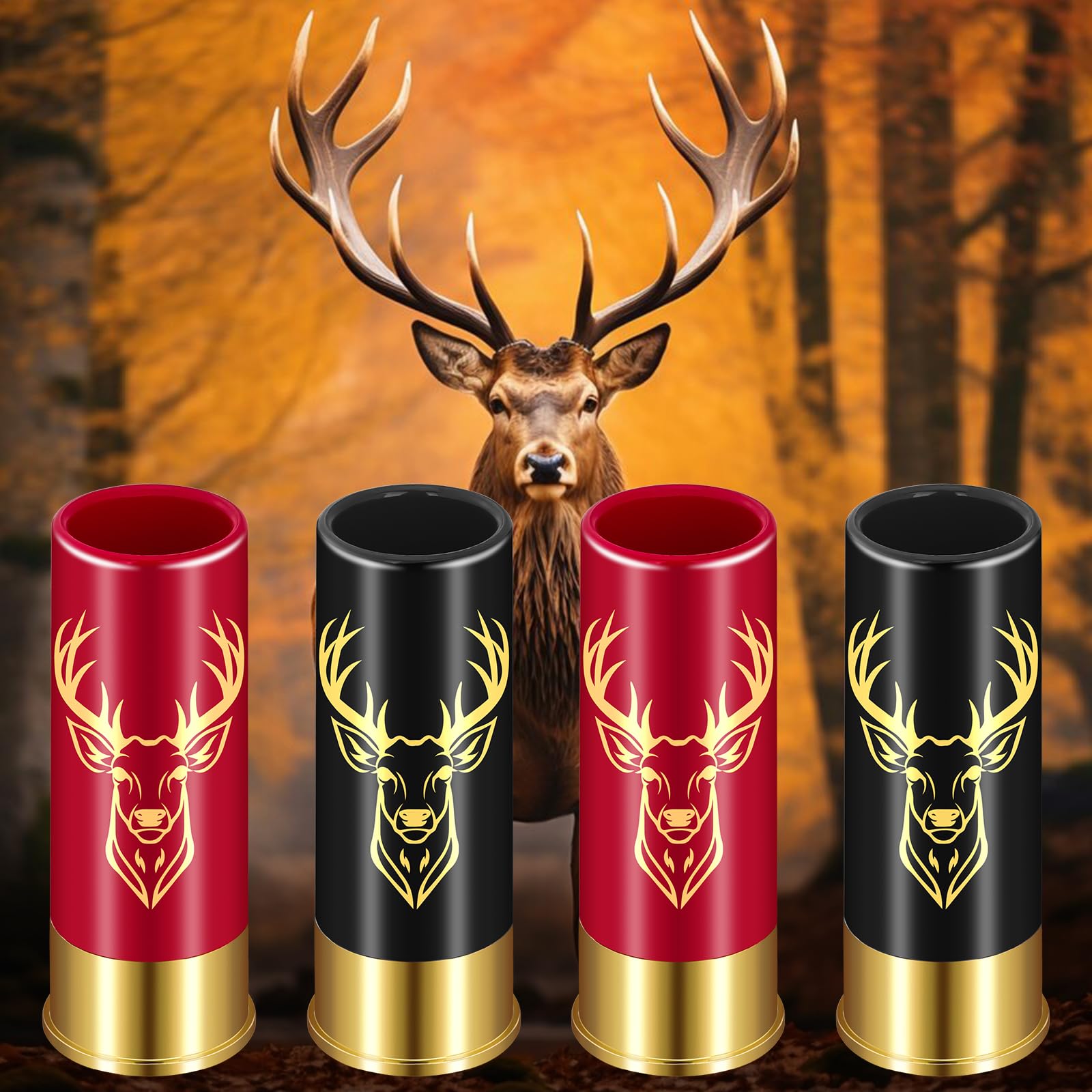 Set di 4 Bicchierini da Shot con Testa di Cervo, con Confezione Regalo, Regali di Compleanno, Matrimonio, Festa del Papà, Natale, 12GA Caccia al Cervo, Piccoli Bicchierini, Plastica, Nero e Rosso
