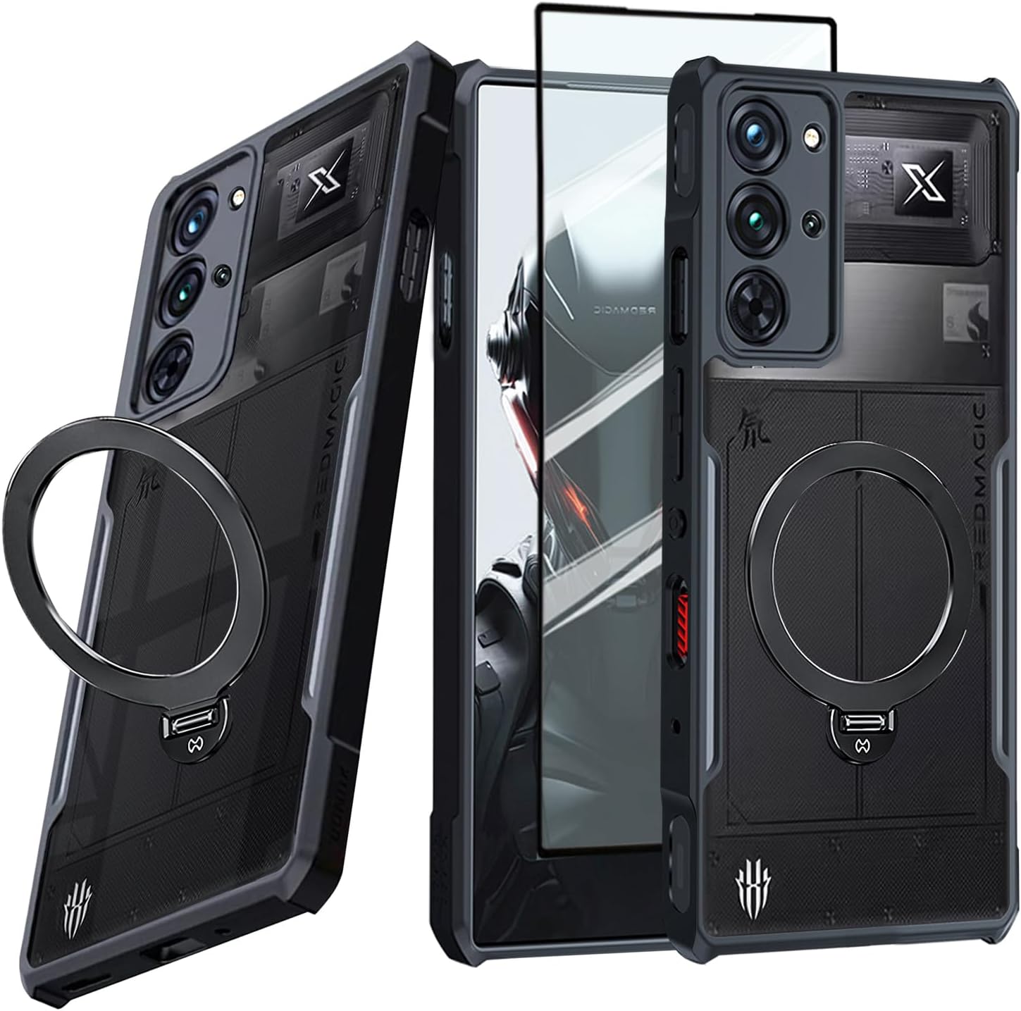 for ZTE Red Magic 10 Pro / 10 Pro+/10S Pro/10S Pro+ Case with Ring Stand Holder, Soft TPU Bumper + Acrylic Back Military Grade Airbags Shockproof Drop Protection[1 Tempered Film], Stand Black