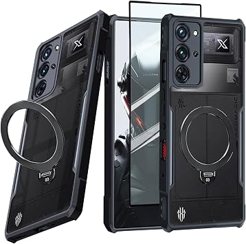 ZTE Nubia Red Magic 10 Pro / 10 Pro+/10S Pro/10S Pro+ Case with Ring Stand Holder Soft TPU Bumper + Acrylic Back Military Grade Airbag Shockproof Drop Protection 1 Glass Film, Stand Black