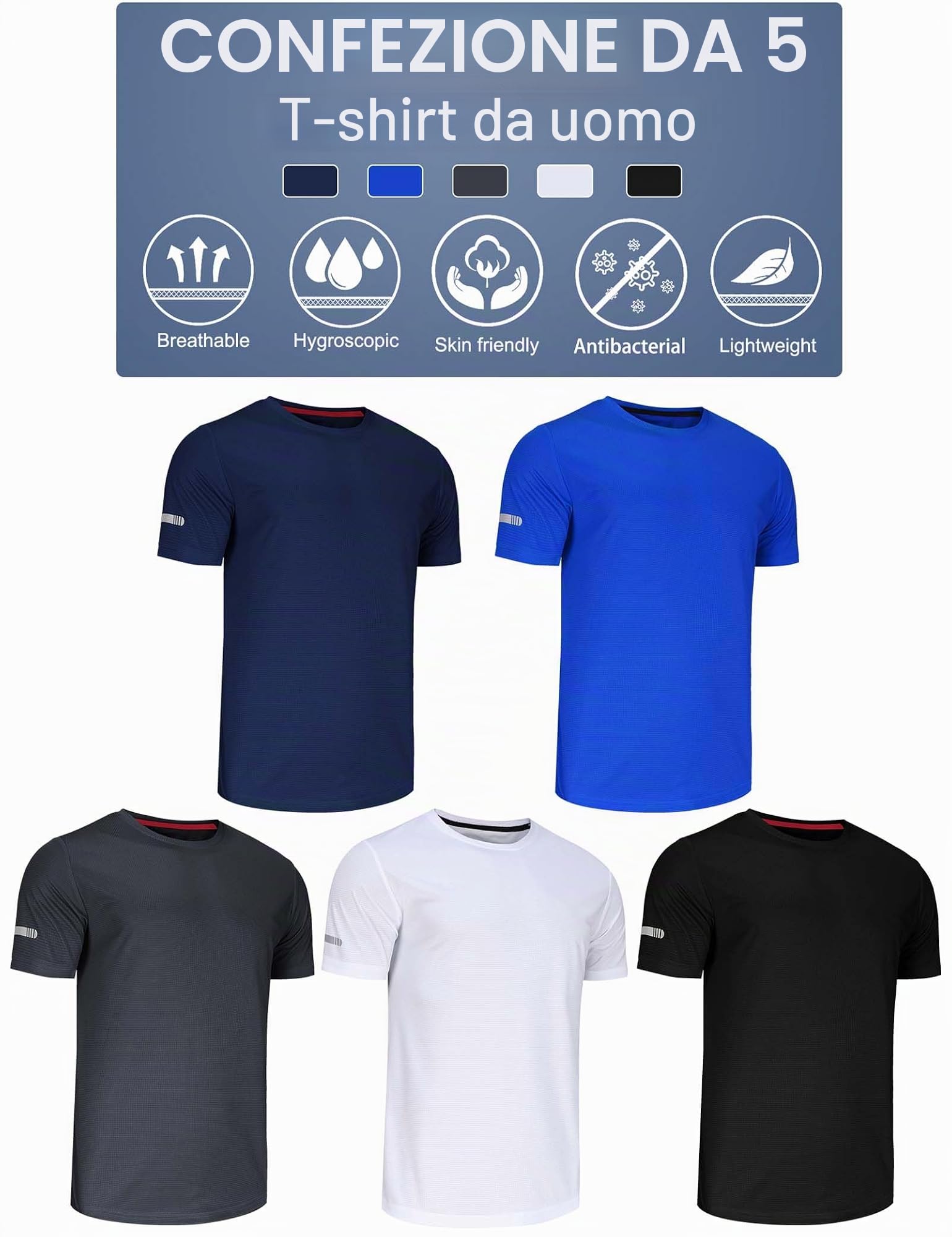 Maglietta Uomo Set Multi Pezzi Uomo Sport T Shirt Manica Corta 5 Pack Traspirante Uomo Tshirt Sportswear Allenamento Asciugatura Rapida Camicia Sportiva Funzione Allenamento Corsa Camicia
