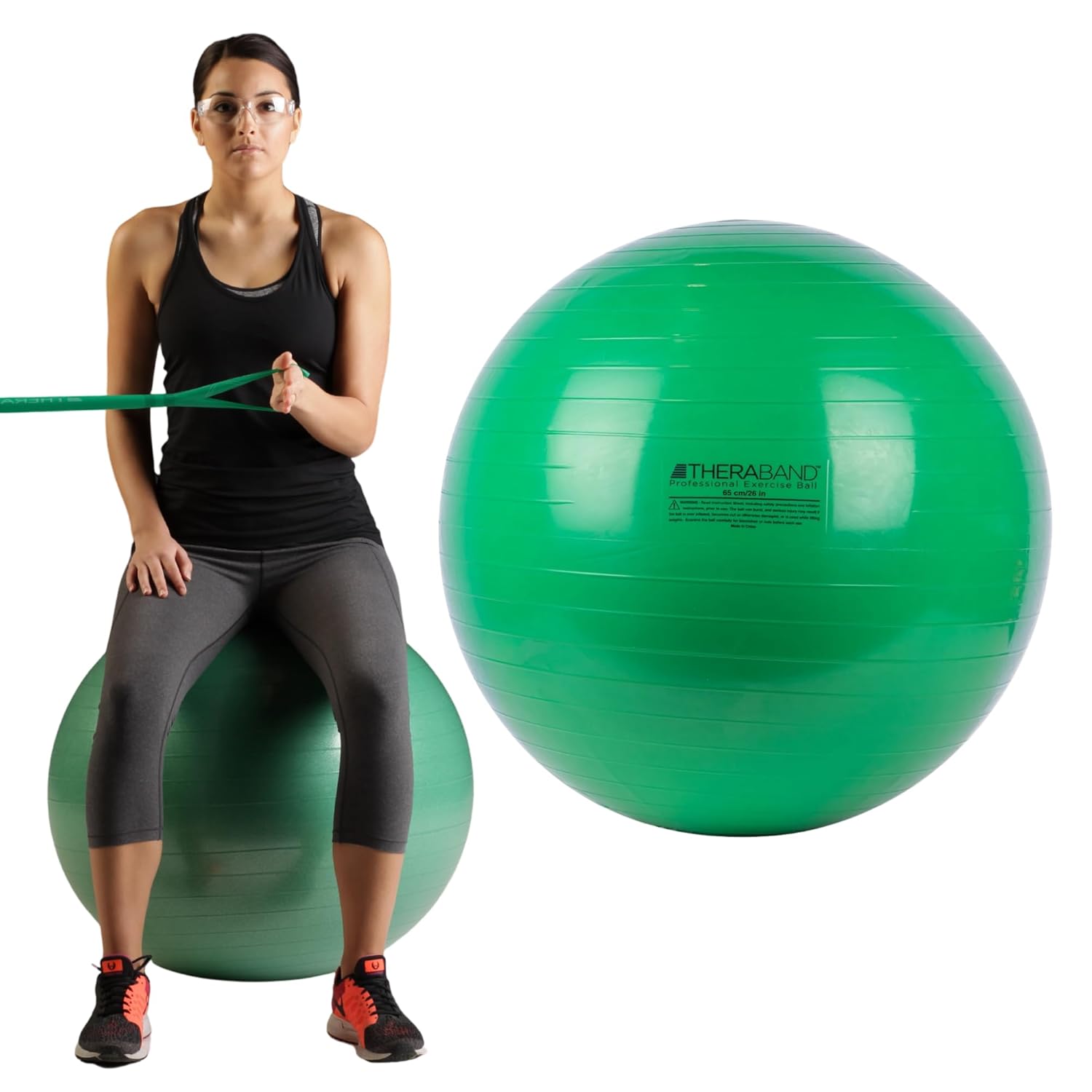 THERABAND Exercise Ball, Stability Ball with 65 cm Diameter for Athletes 5'7" to 6'1" Tall, Standard Fitness Ball for Posture, Balance, Yoga, Pilates, Core, & Rehab, Green 26 inch