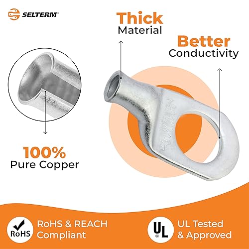 Miniatura 255 de SELTERM - Terminal en anillo de grado marino UL 2/0 AWG 3/8 pulgadas (25 uds) para batería, terminal tubular de cable eléctrico, conector calibre