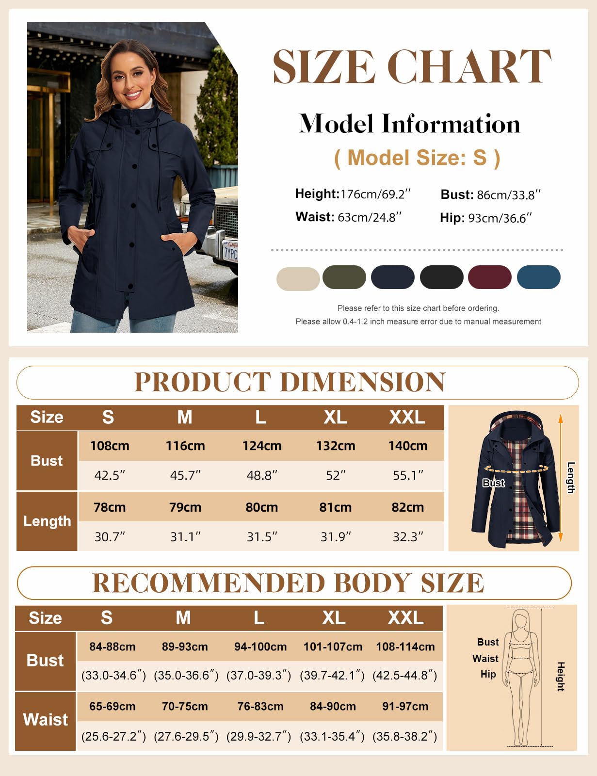 Giacca Impermeabile Donna Giacca Trench Pioggia con Cappuccio Parka Lungo Giacca a Vento Traspirante Leggero Antipioggia Antivento All'aperto