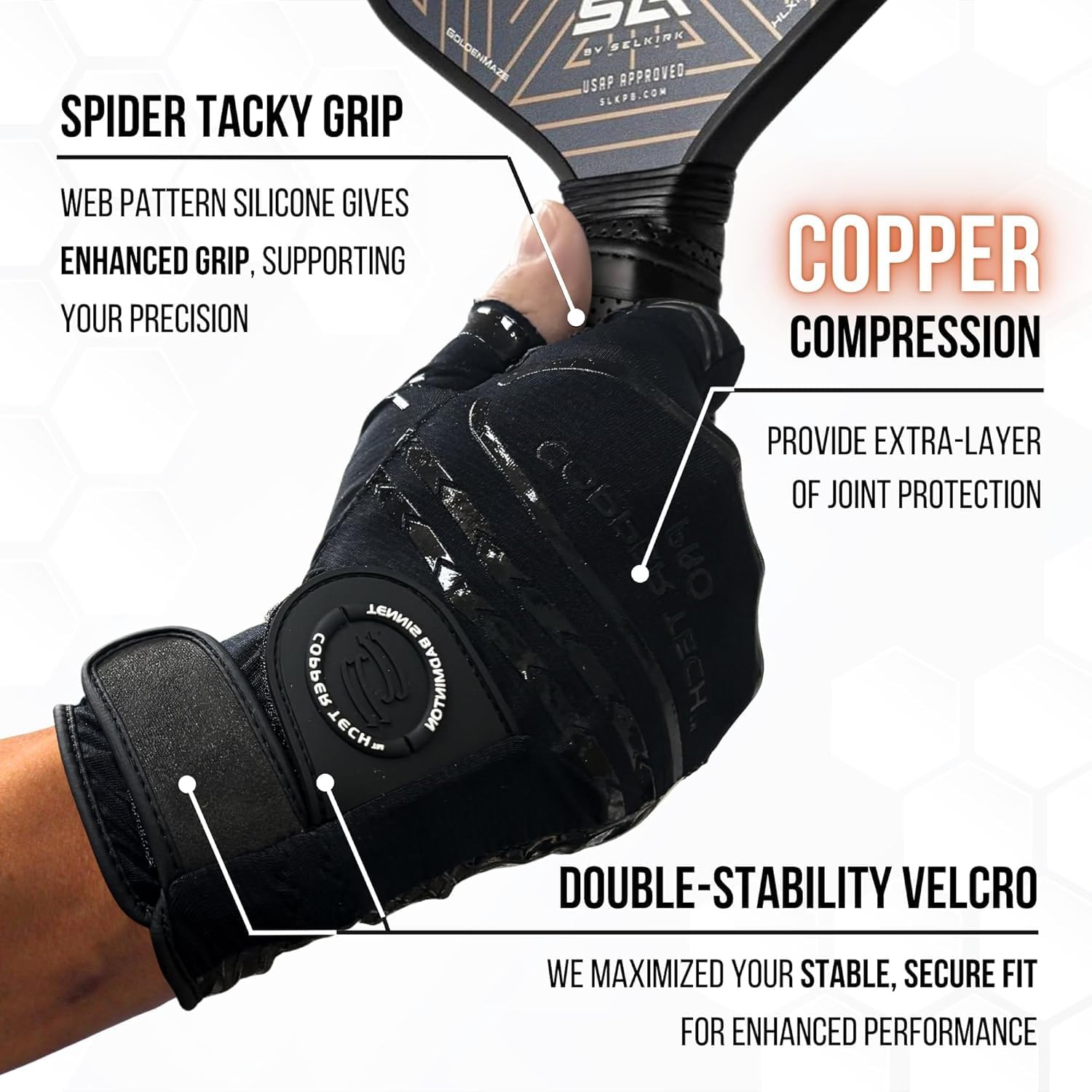 Copper Tech Pro Pickleball Gloves for Men & Women | Advanced Joint Support with Copper Compression |AAA Synthetic Leather Tennis, Badminton, & Racquetball