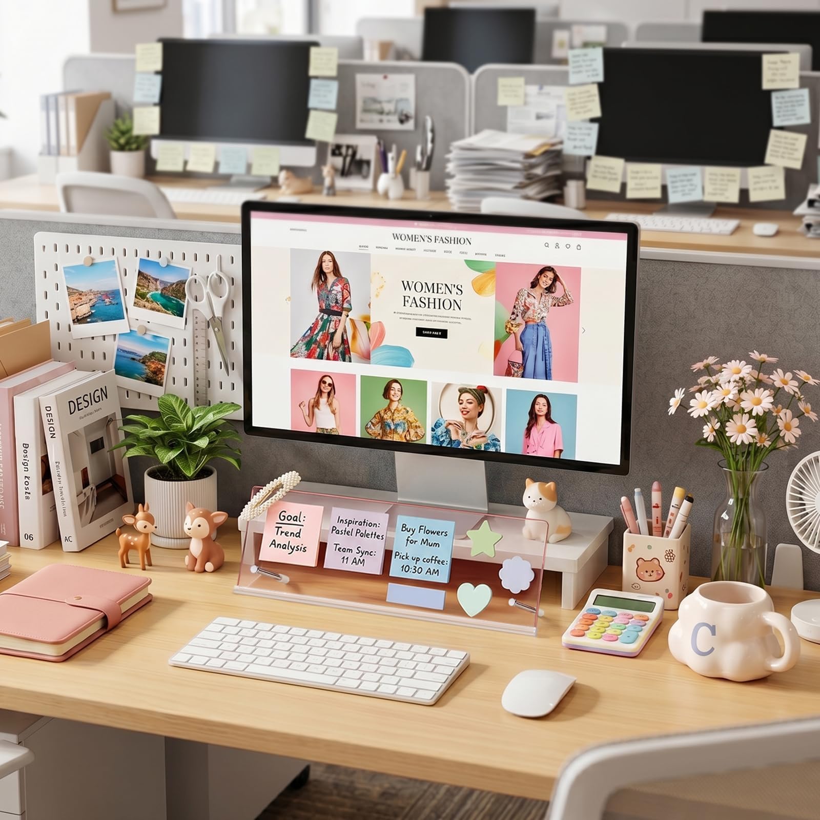 Monitor Memo Board Holder 14"x5"-Pink, Office Organization for Computer Sticky Note Holder, Space-Saving Under Monitor, Movable & Reusable, Cute Desk Accessories for Office & Home Desktop Decor view 2