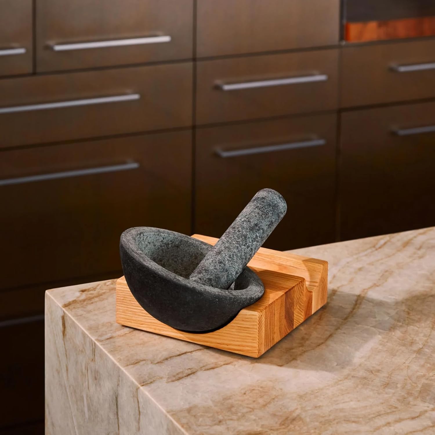 Holcomb Perch Mortar & Pestle Heavy Granite Stone Mortar & Pestle with Angled Ash Wood Base Handcrafted Modern Spice Crusher for Pesto, Herbs – Luxury Guacamole Bowl & Masher Home Kitchen Essentials