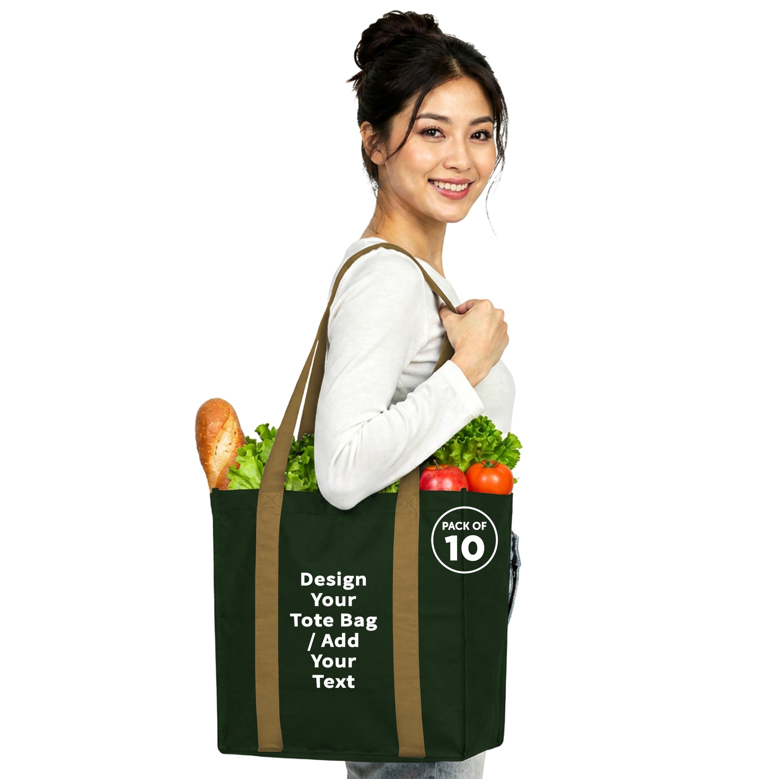DISCOUNT PROMOS Custom Non Woven Shopping Tote Bags Set of 10, Personalized Bulk Pack - Reusable, Great for Shopping, Grocery, Beach, Picnic, Wedding Favors - Forest Green Khaki - Custom – Forest Green Khaki 10 bags