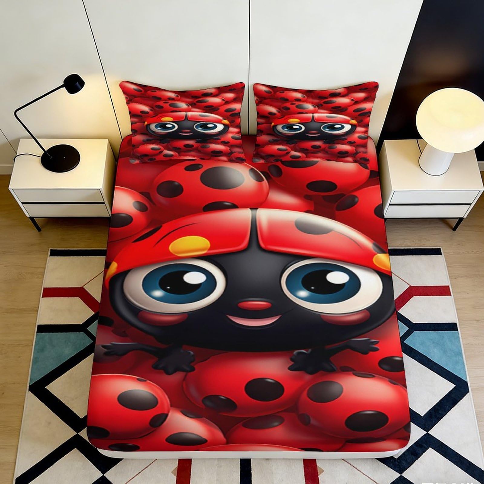 3D Printed Cute Ladybug Fitted Sheet Microfiber Red Cartoon Mattress Cover for Bedroom Dorm Bed Protector Decor 90x200x25cm