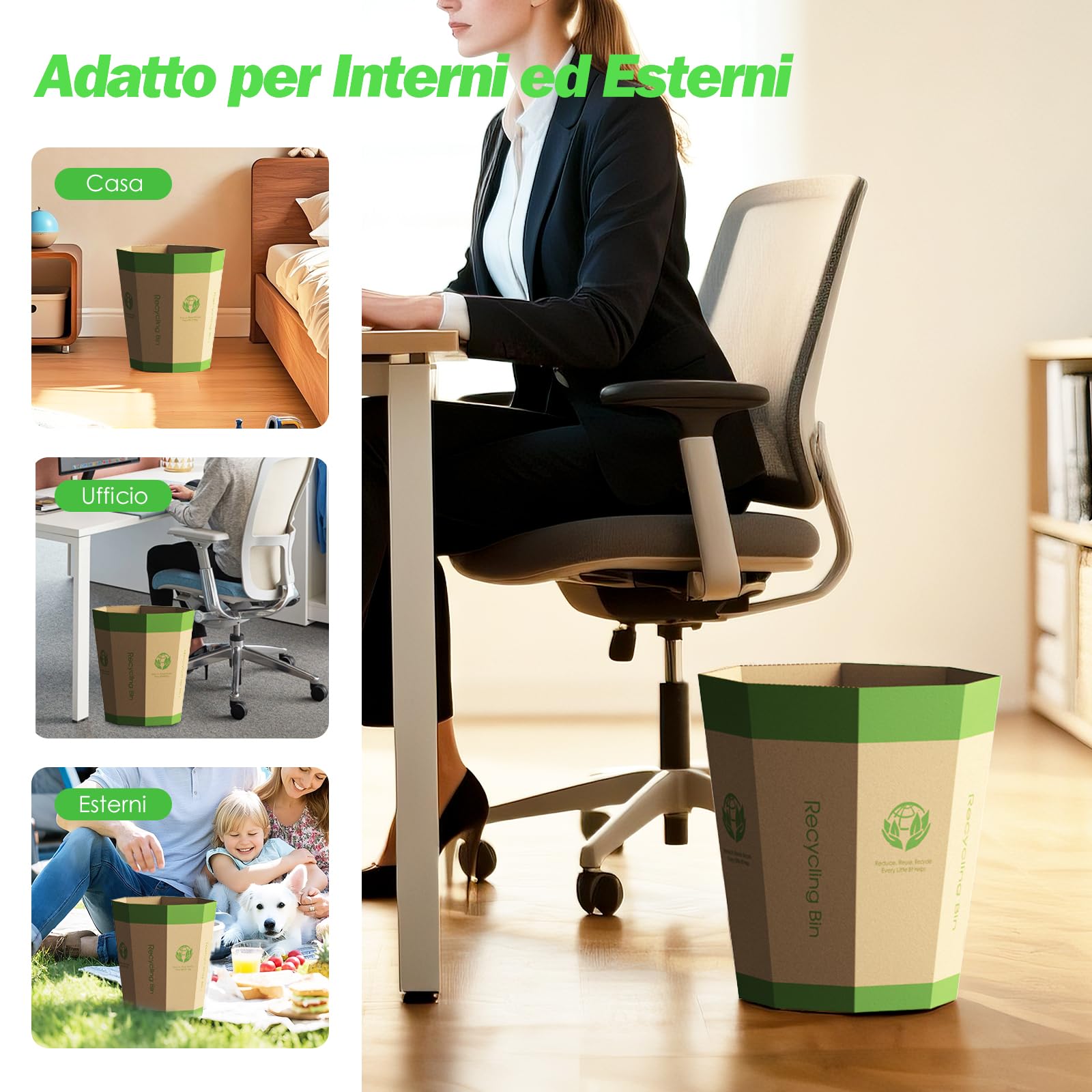 Set da 6 Cestini Spazzatura in Cartone–Cestini Pieghevoli, Riciclabili, Senza Plastica e Riutilizzabili–Piccoli Pattumiera Perfetti per Uffici, Camere da Letto, Casa, Eventi e Attività all’Aperto(12L)
