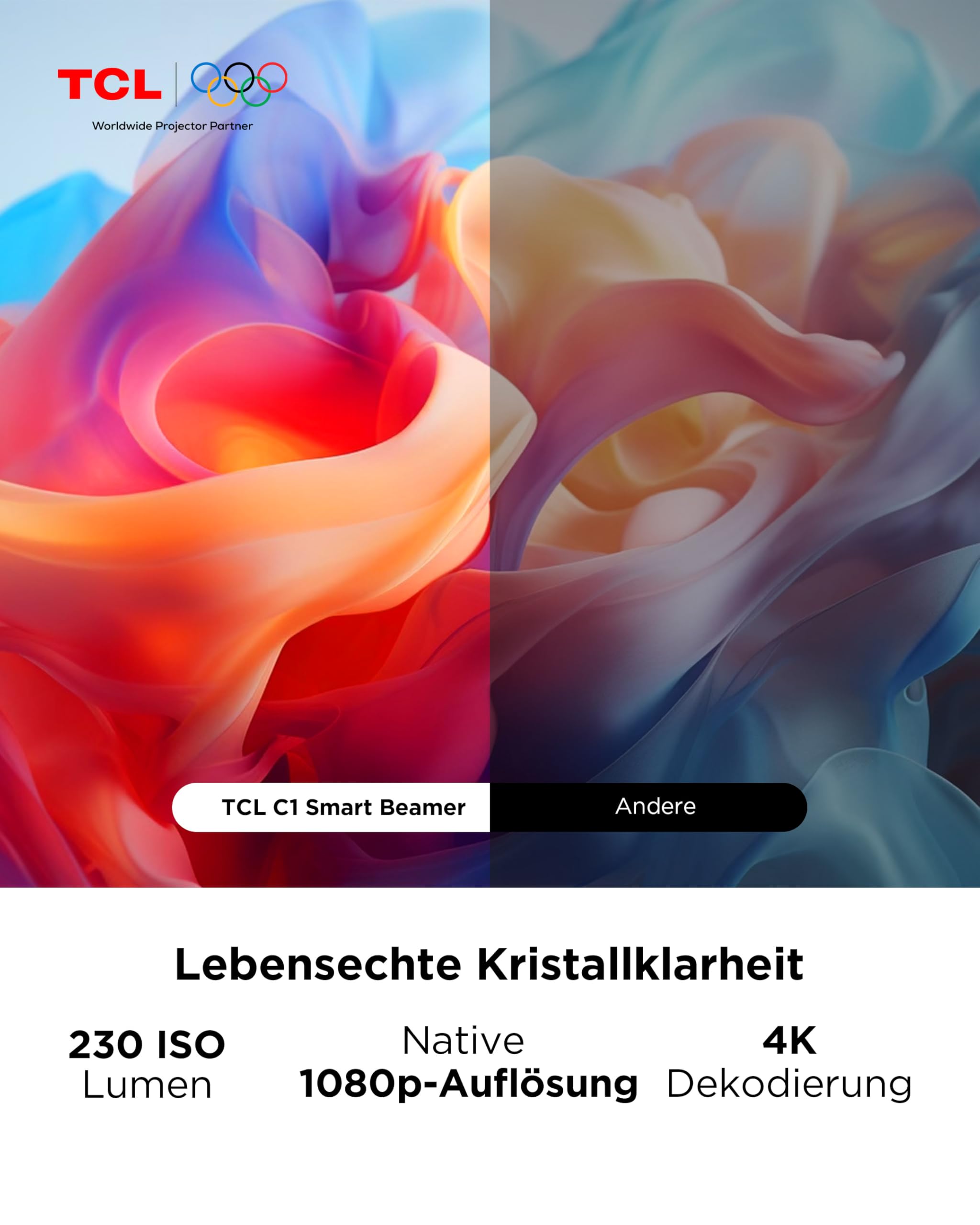 TCL C1 Smart Mini Beamer, Integriertes Offizielles Google TV/Netflix/APV, Projektor 4K 1080p, Autofokus & 6D Keystone, Dolby 8W, WLAN, Bluetooth, 285° Drehbar für Handy, Heimkino, Deckenprojektion