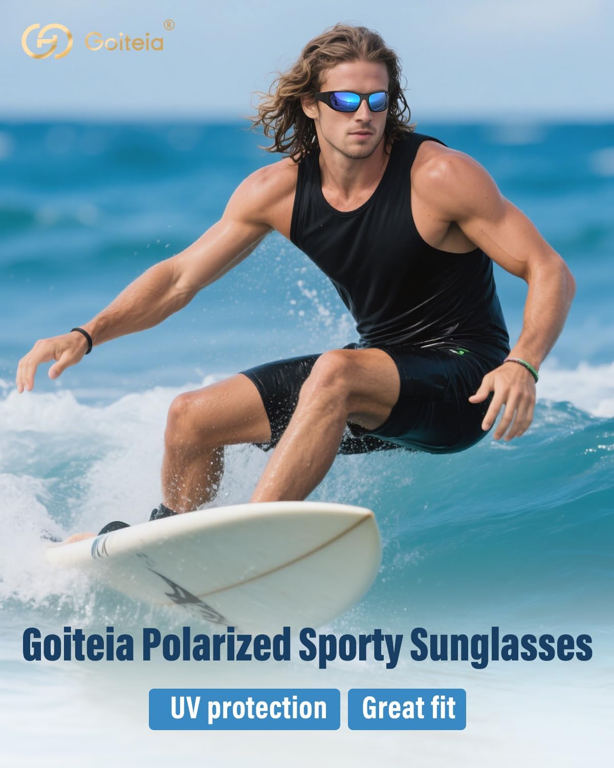 Goiteia Polarized Sports Sunglasses for Men Women, Wide Wrap Around Sunglasses, UV400 Protection, Hydrophobic Lens for Clear Vision, Anti-Slip Fit for Fishing Surfing Boating SUP