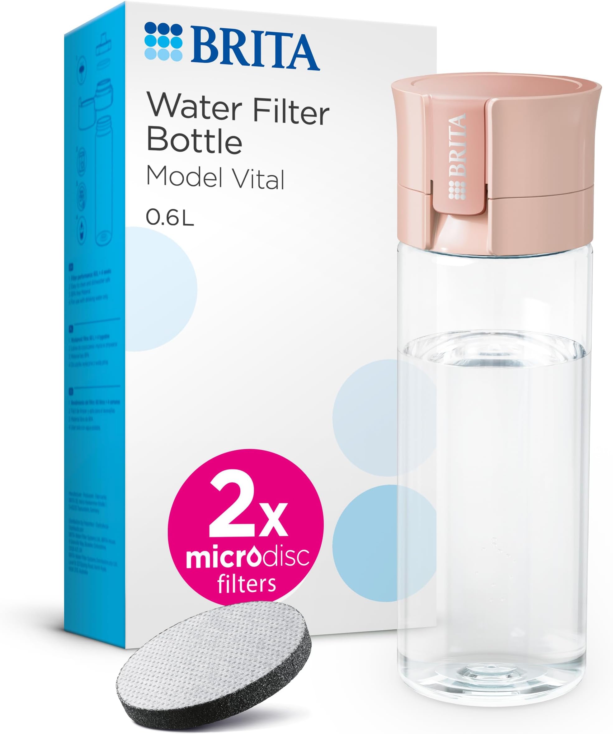 Water Filter Bottle Apricot (600ml) incl. 2x MicroDisc Filters - portable water filtration bottle for hydration on-the-go, filters chlorine, organic impurities, hormones & pesticides