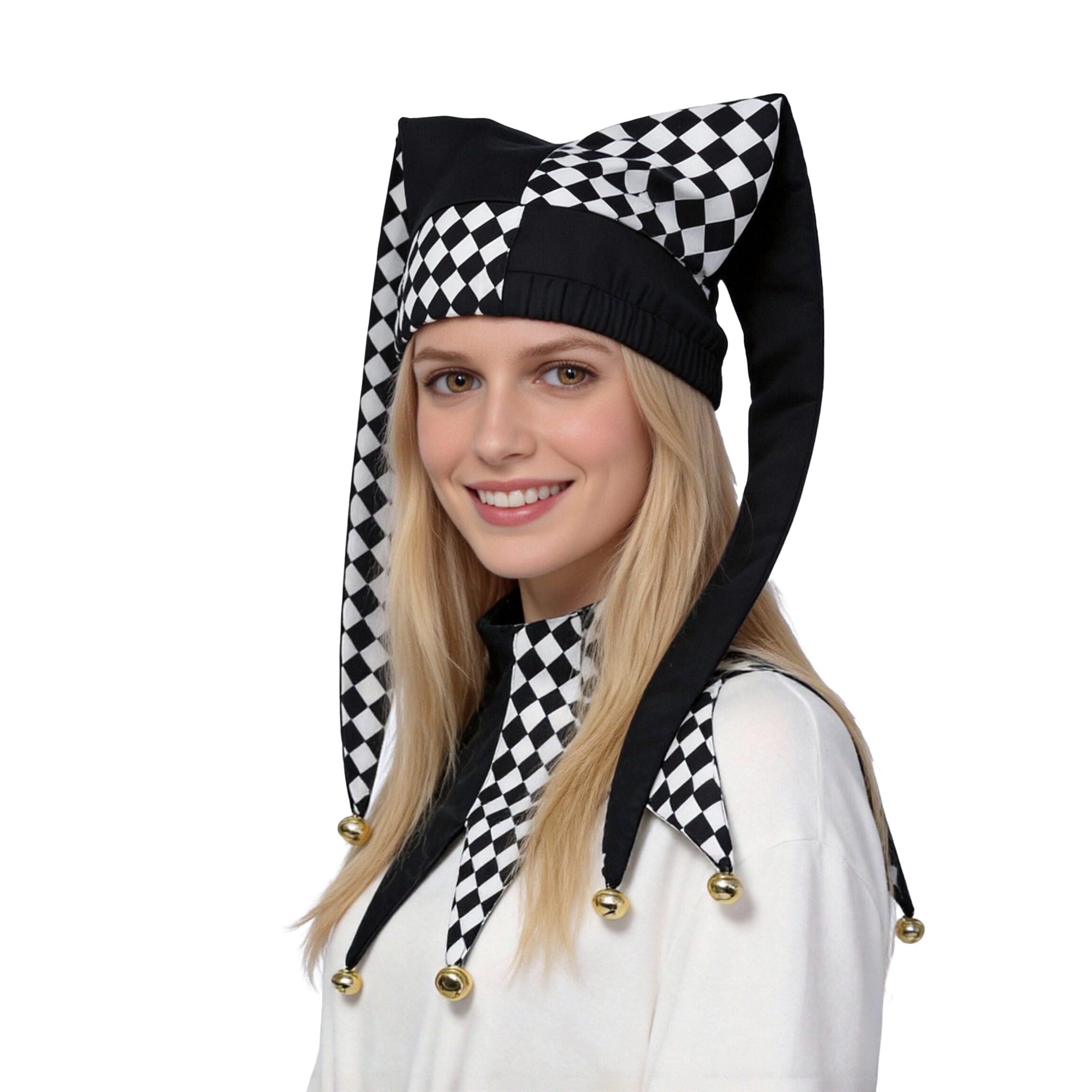 Jester Hat and Collar Set, Harlequin Diamond Pattern, Black and White, Red and Black, Medieval Court Jester Costume Accessories (Blakc&White)
