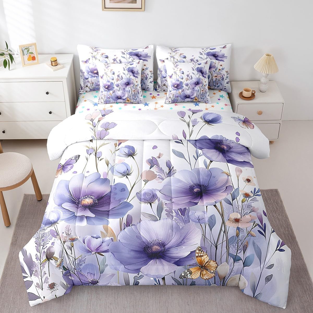 jejeloiu Pink Fashion Comforter Set with Sheets Full Size Kids Black White Striped 7 Pieces Bedding Set for Boys Girls Teens Floral Bed in a Bag Breathable Perfume High Heels Books Bedroom Decor
