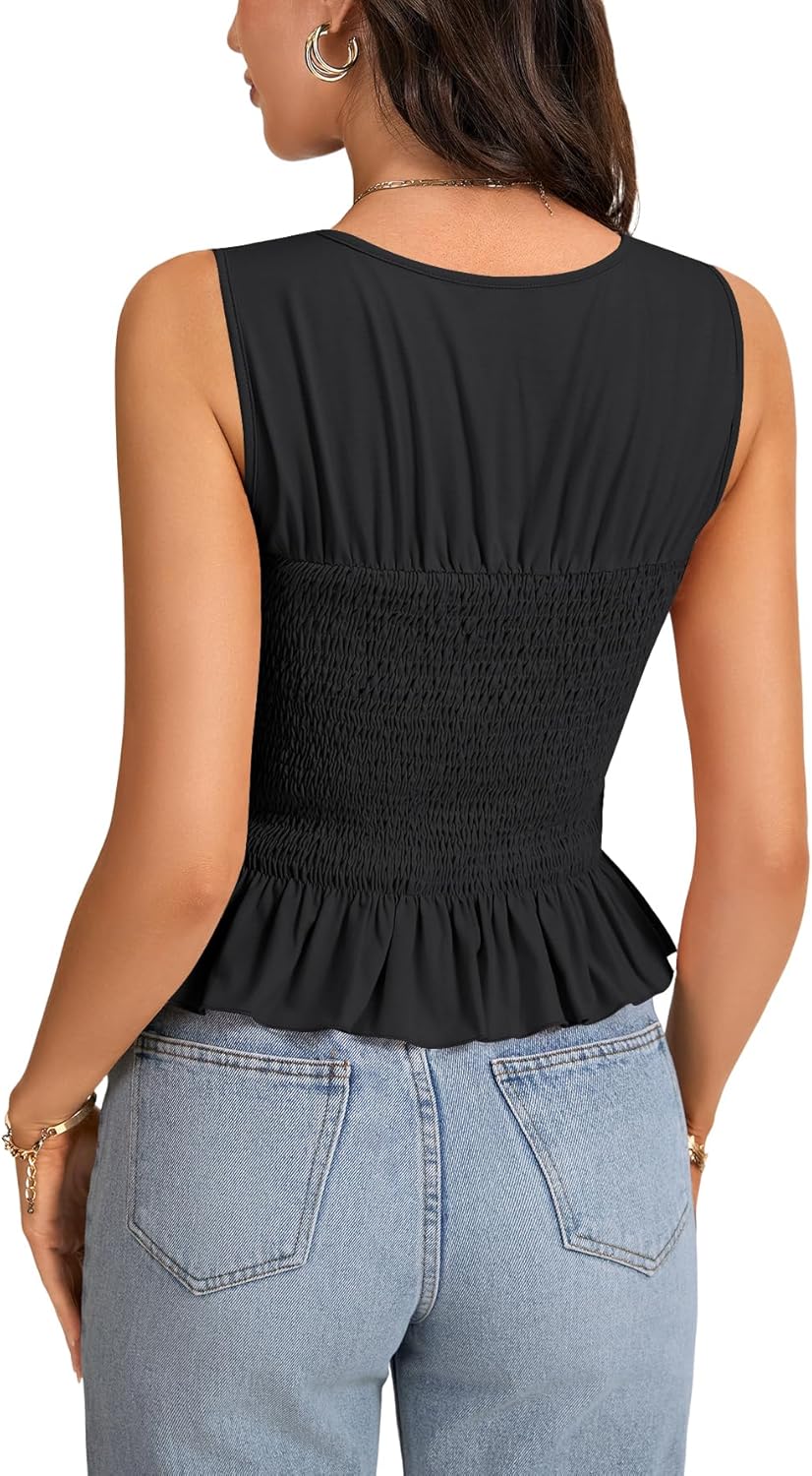 LYANER Women's Shirred Ruffle Ruched Round Neck Sleeveless Slim Fit Casual Cami Tank Top - Image 5