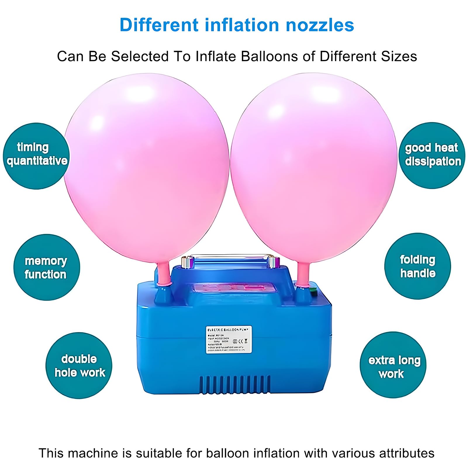 Elektryczna pompa balonowa z timerem, zestaw inflatorów podwójnej dyszy, zasilana baterią, szybka inflacja 30s dla balonów lateksowych/foliowych, cichy projekt, kontrola stopy/ręki, narzędzie