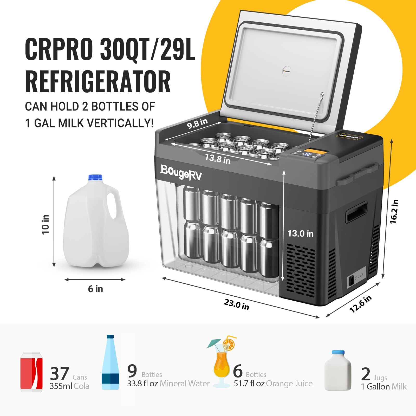 BougeRV CRPRO 12V Compressor Fridge Freezer 29L Car Fridge Portable Car Refrigerator 12/24V DC 110-240V AC for Camping Outdoor Travel Campervan RV Boat Home, -22℃ to 10℃, Battery Not Included - 3