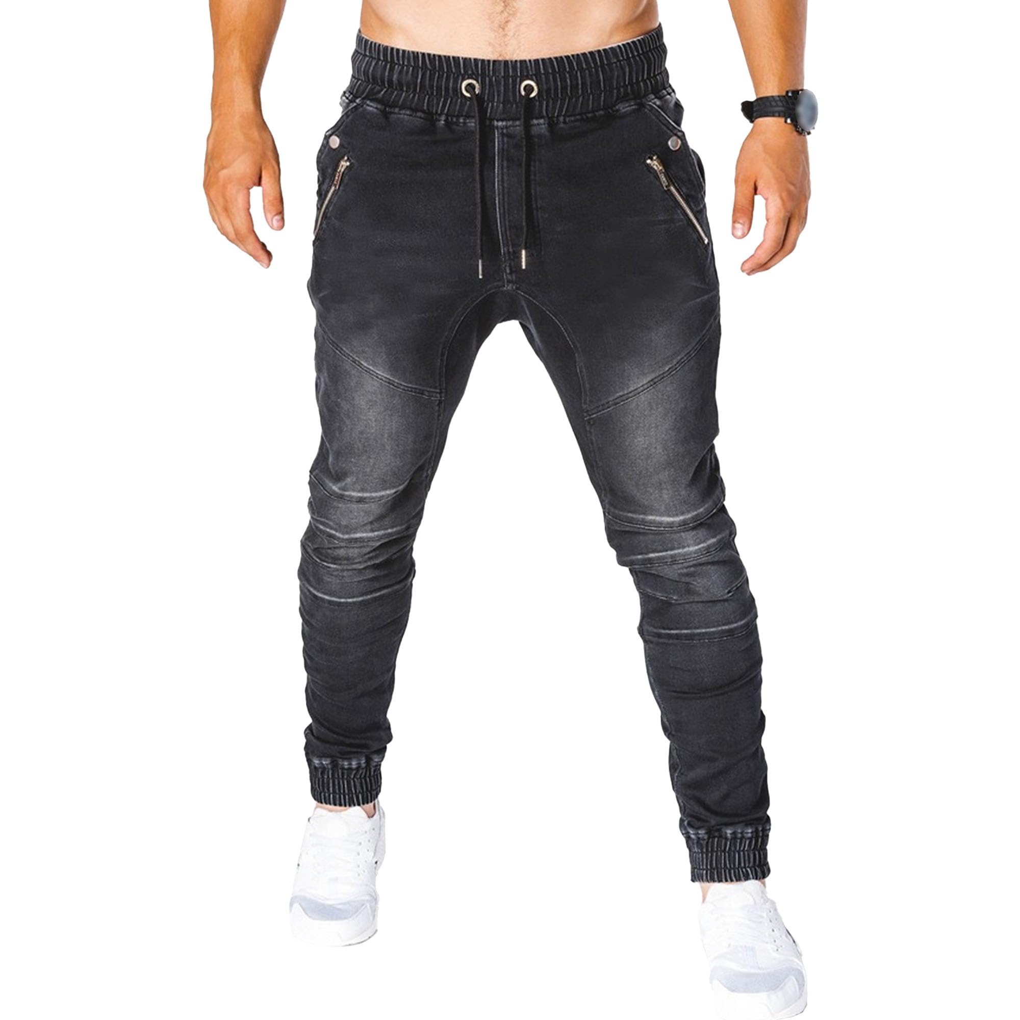 Mens Stretchy Drawstring Jeans Drop Crotch Joggers Denim Pants Elastic Waist Slim Fit Cargo Jeans