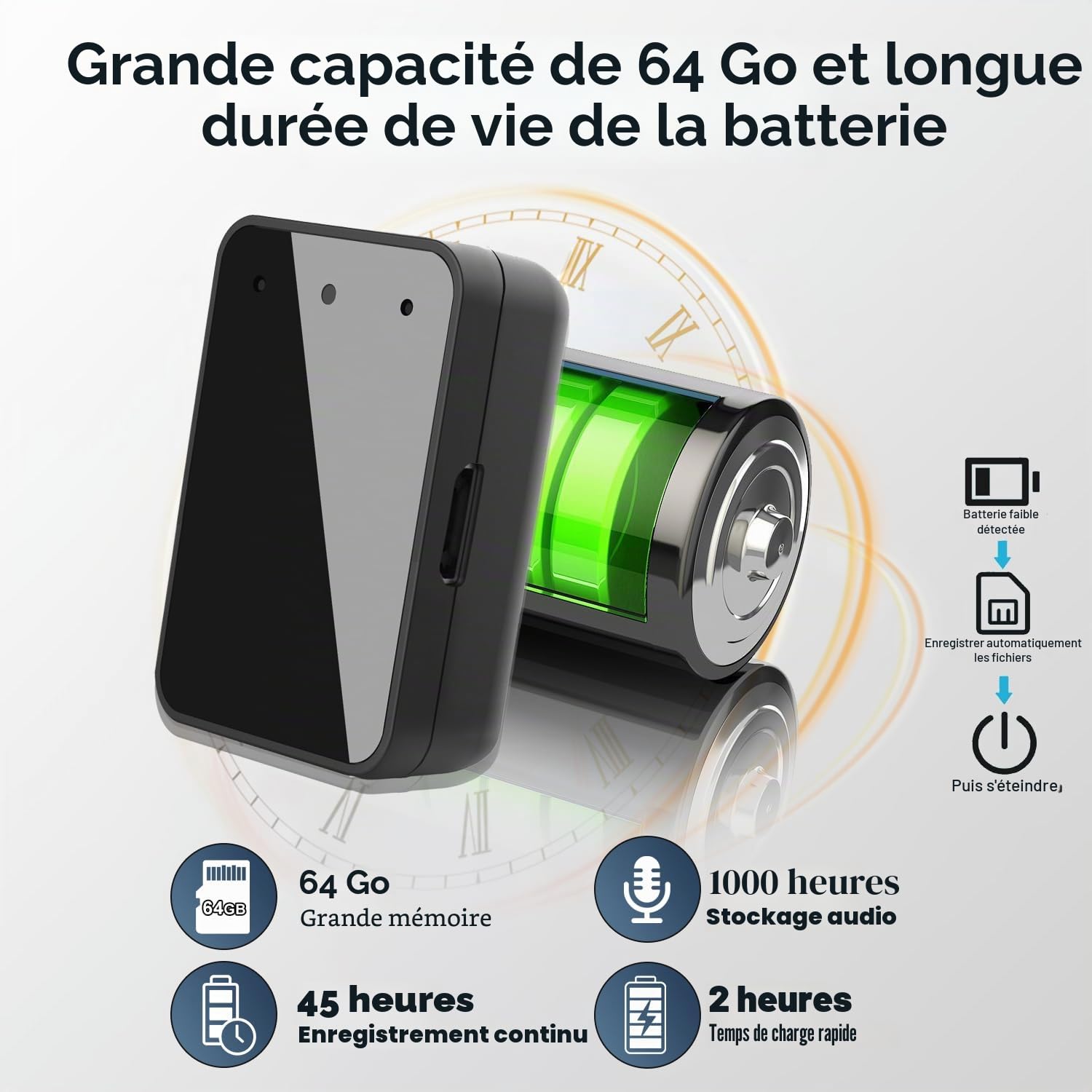Enregistreur vocal – Mini enregistreur vocal magnétique de 64 Go avec réduction du bruit, appareil d'enregistrement portable de type C, petit enregistreur audio avec écouteurs pour réunion, conférence