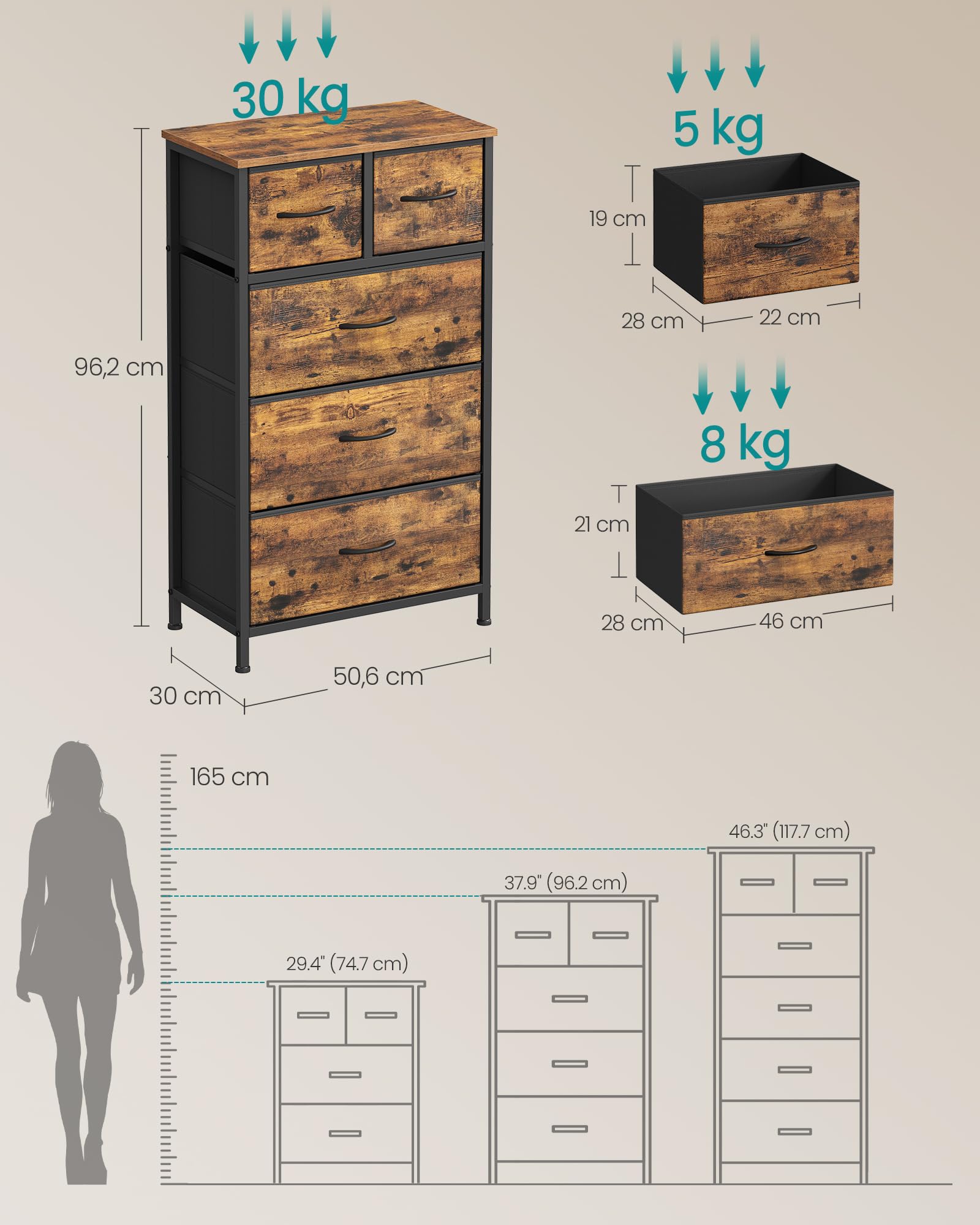SONGMICS Komoda z 5 Szufladami z Materiału, Szafka do Przechowywania, Stalowa Rama, Drewniany Blat, 50,6 x 30 x 96,2 cm, do Sypialni, Rustykalny Brąz, Kolekcja BELLAH LGS431K101